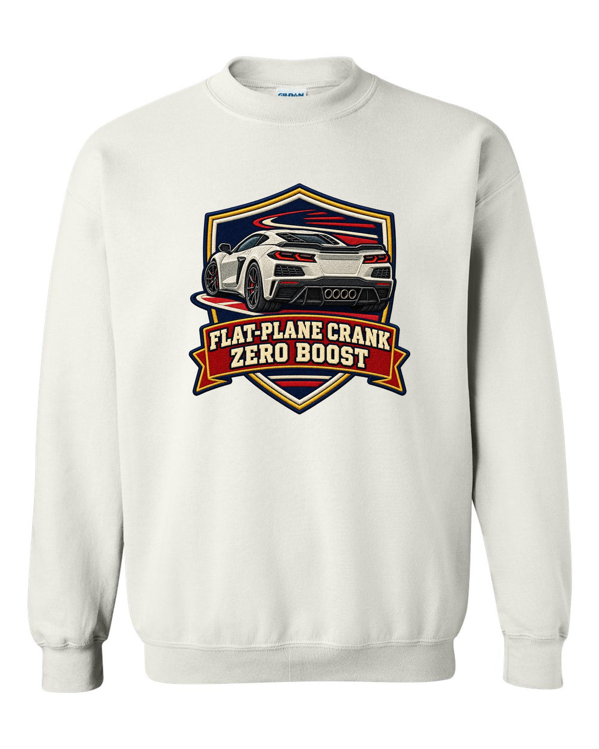 Graffiti street stencil of a 2019 C7 ZR1 Corvette with supercharger window on a wall white crewneck front view with the design
