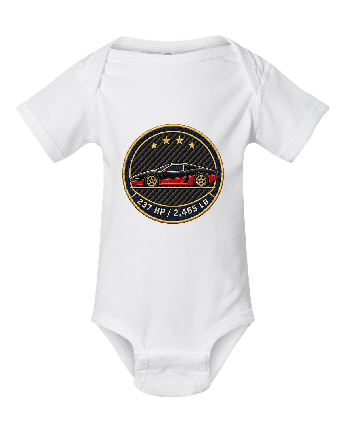 Embroidery style round crest for an Alfa Romeo 4C showing 237 HP and 2,465 LB white baby onesie front view with the design