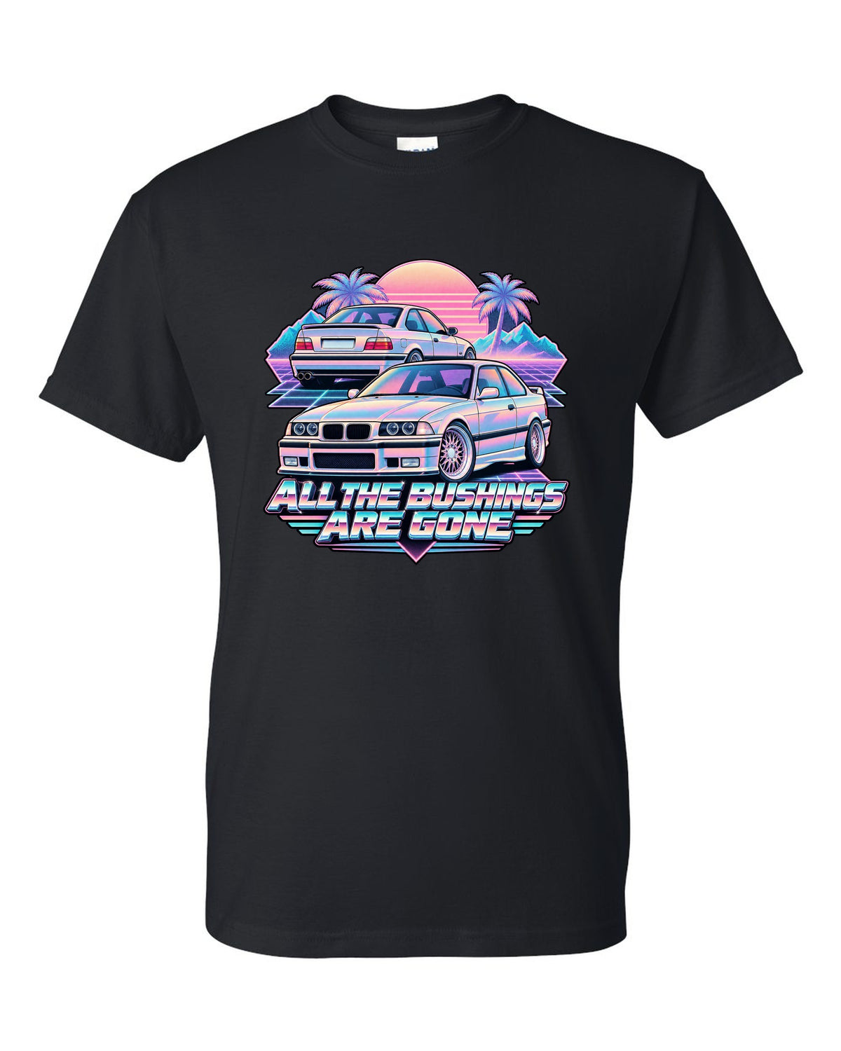 Vaporwave print of a BMW E36 M3 taillight with all the bushings are gone text black t-shirt front view with the design