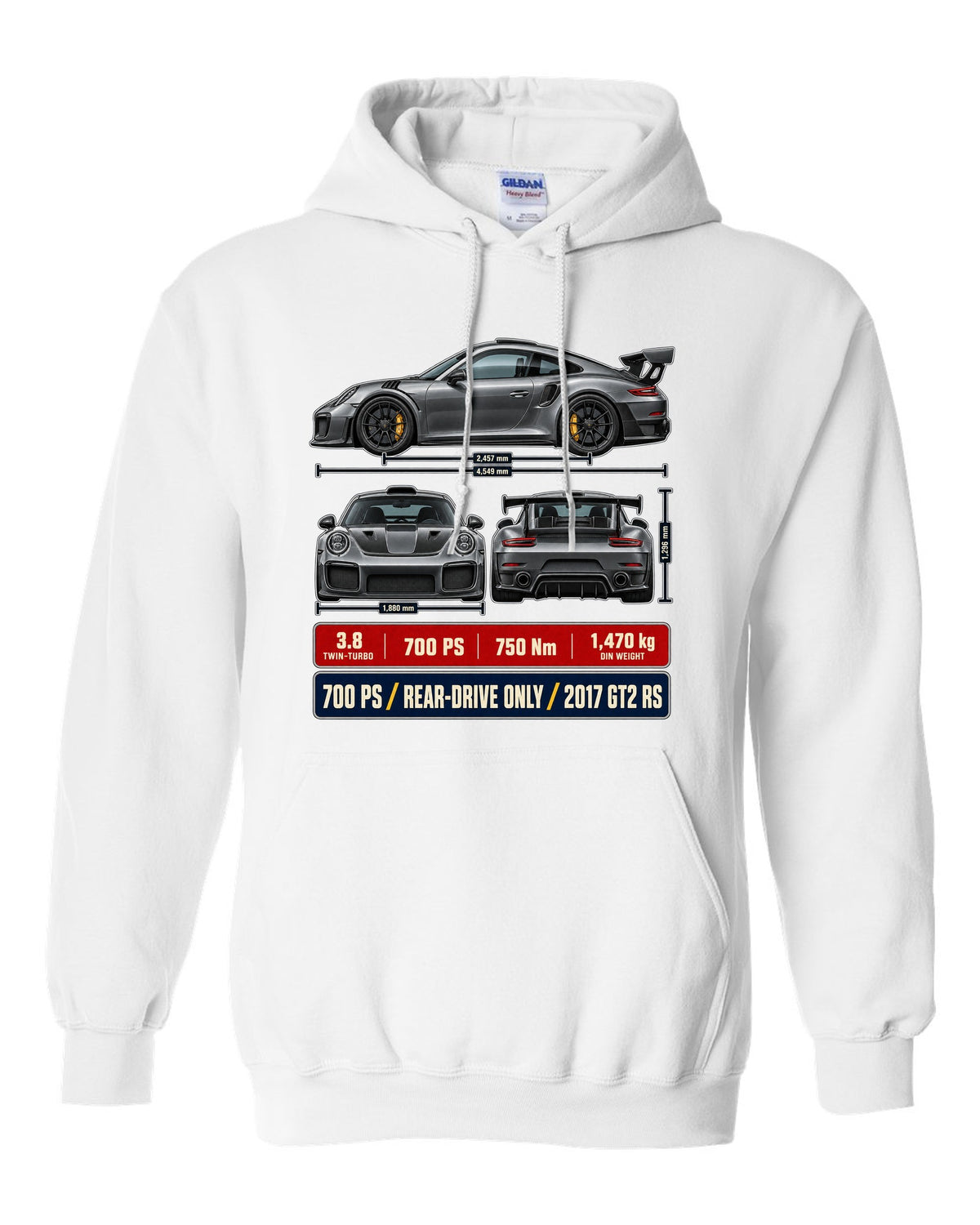 Porsche 911 GT2 RS 991.2 three-view dossier print design white pull over hoodie front view with the design