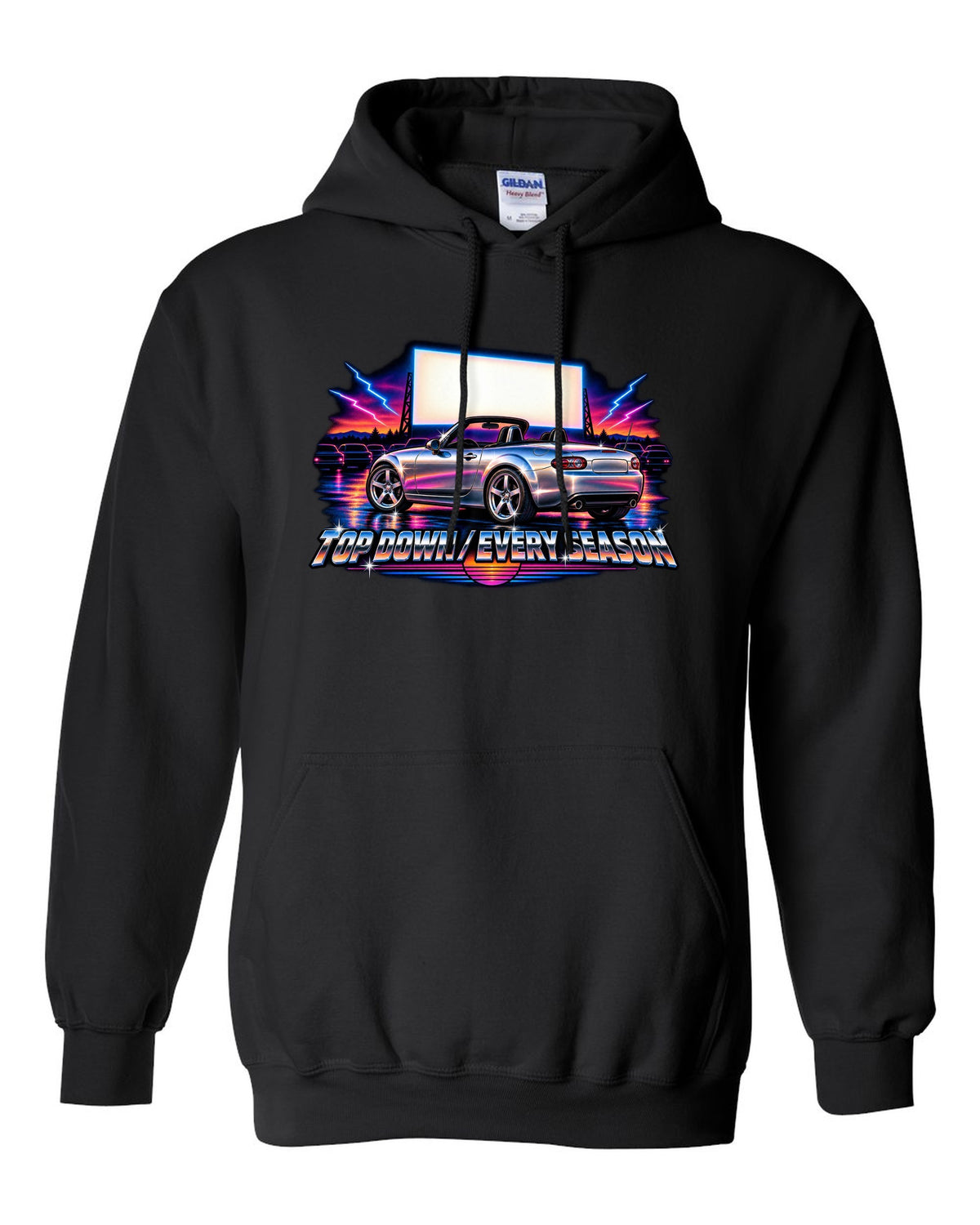 Eighties airbrush chrome print of a Mazda MX-5 NC with the text Top Down Every Season black pull over hoodie front view with the design