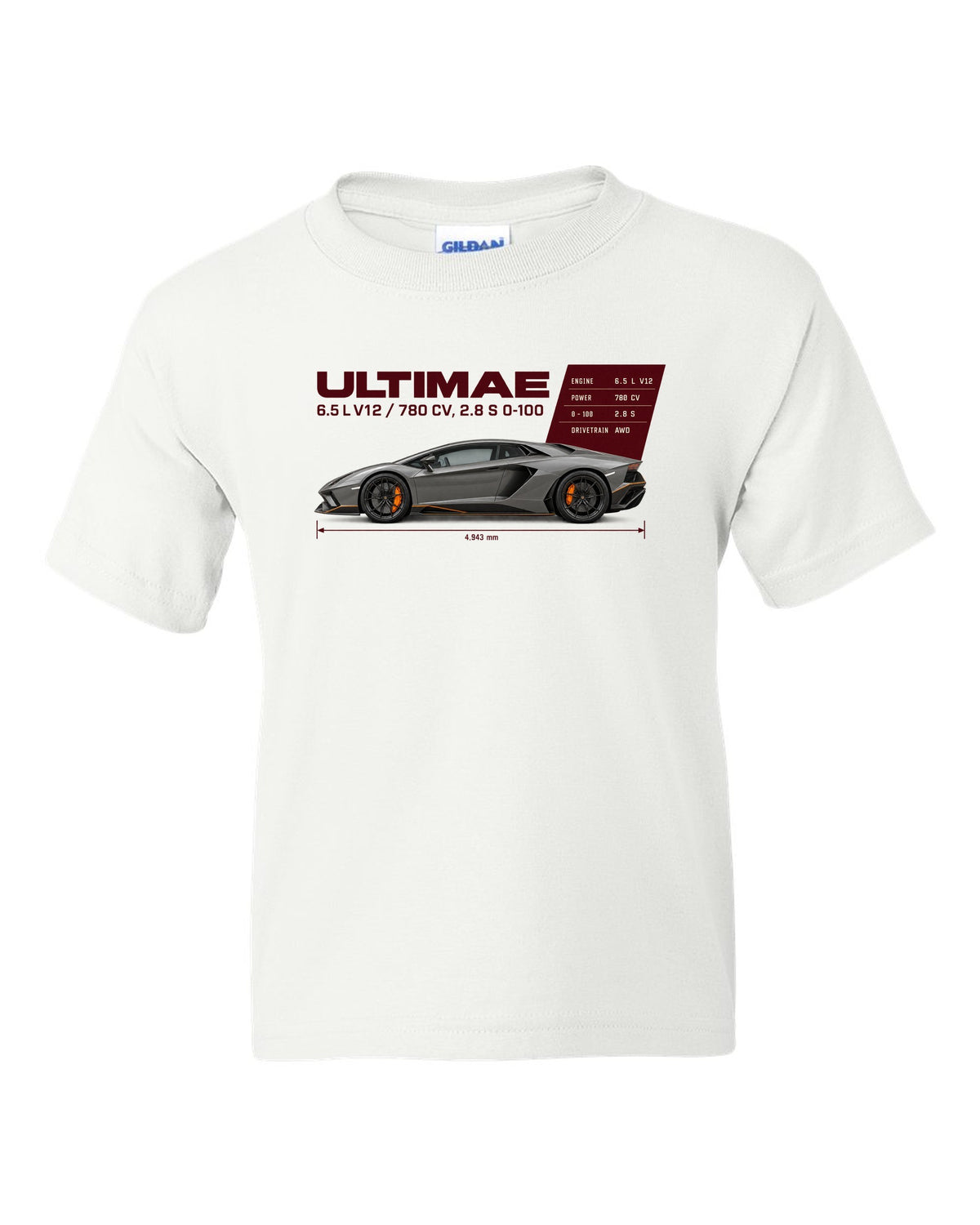 Spec poster print of the Lamborghini Aventador Ultimae with V12 figures white kids tee front view with the design