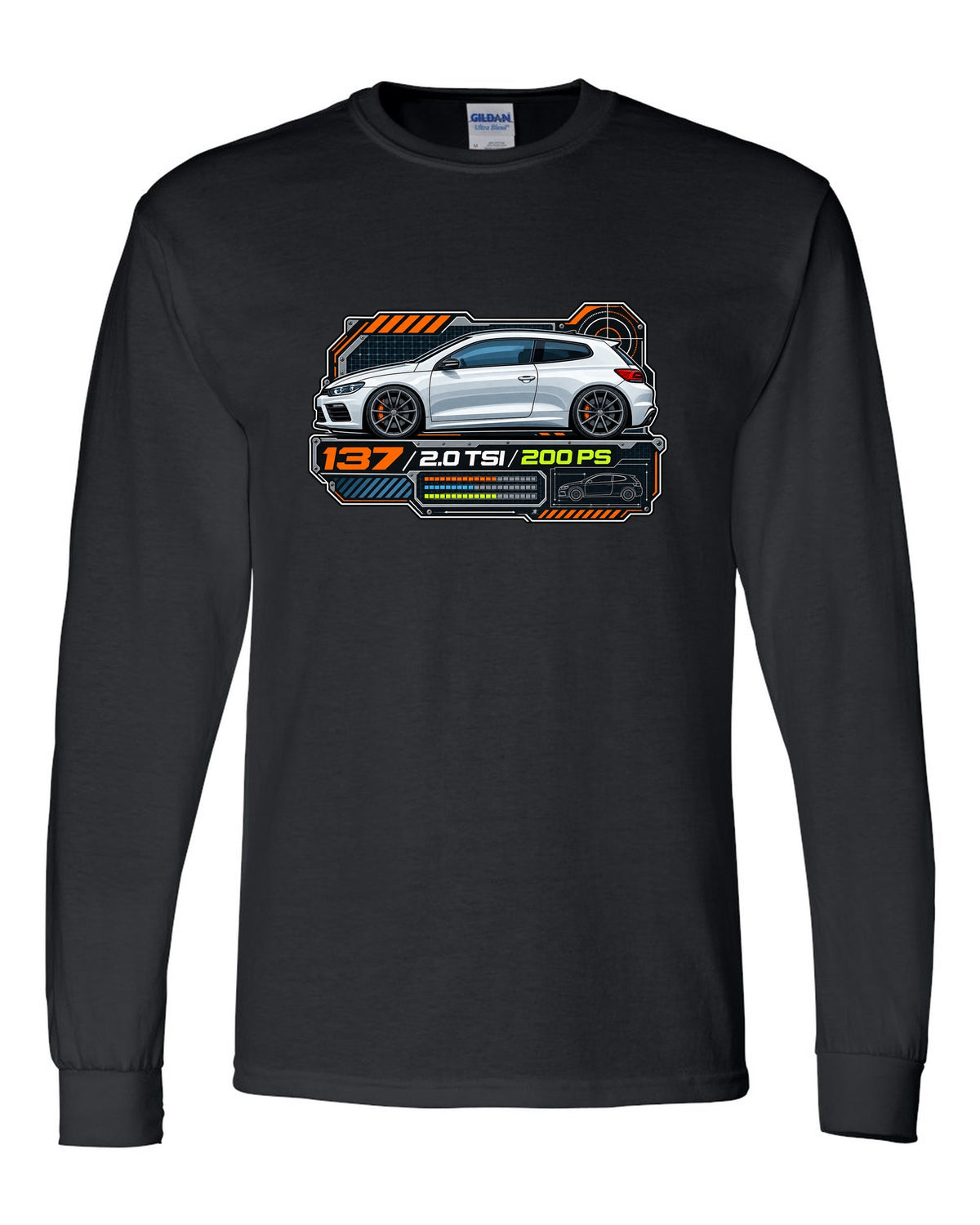 Spec-sheet data plate print of a VW Scirocco Mk3 with 137 2.0 TSI 200 PS text black long sleeve front view with the design