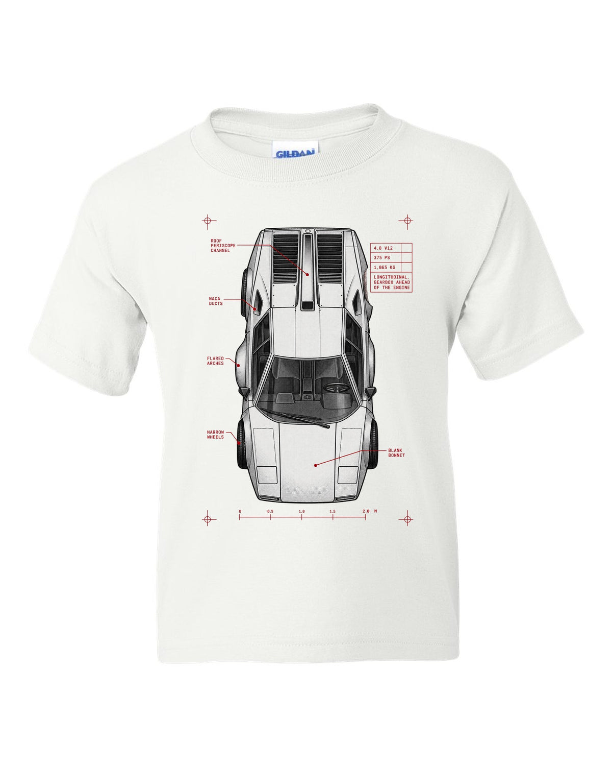 Spec poster print of a Lamborghini Countach LP400 with 4.0 V12 375 PS and 1,065 kg text white kids tee front view with the design