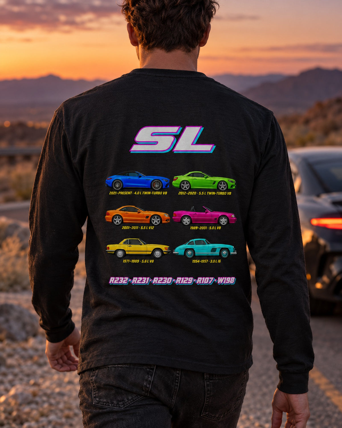 Mercedes SL Evolution Poster Full-Back Graphic Tee Long Sleeve Black worn hero