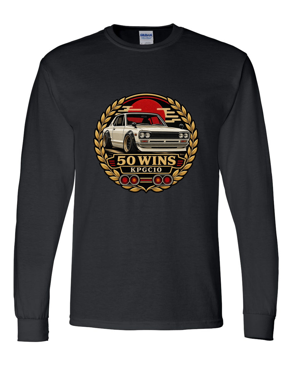 Round crest print for the Skyline Hakosuka KPGC10 with 50 Wins lettering black long sleeve front view with the design