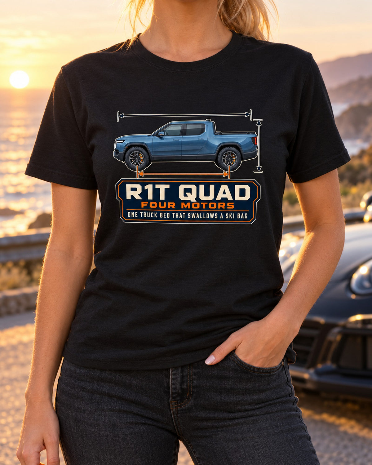 Rivian R1T Quad-Motor Dimension Blueprint Shirt, EV Truck Gift T-Shirt Black worn hero