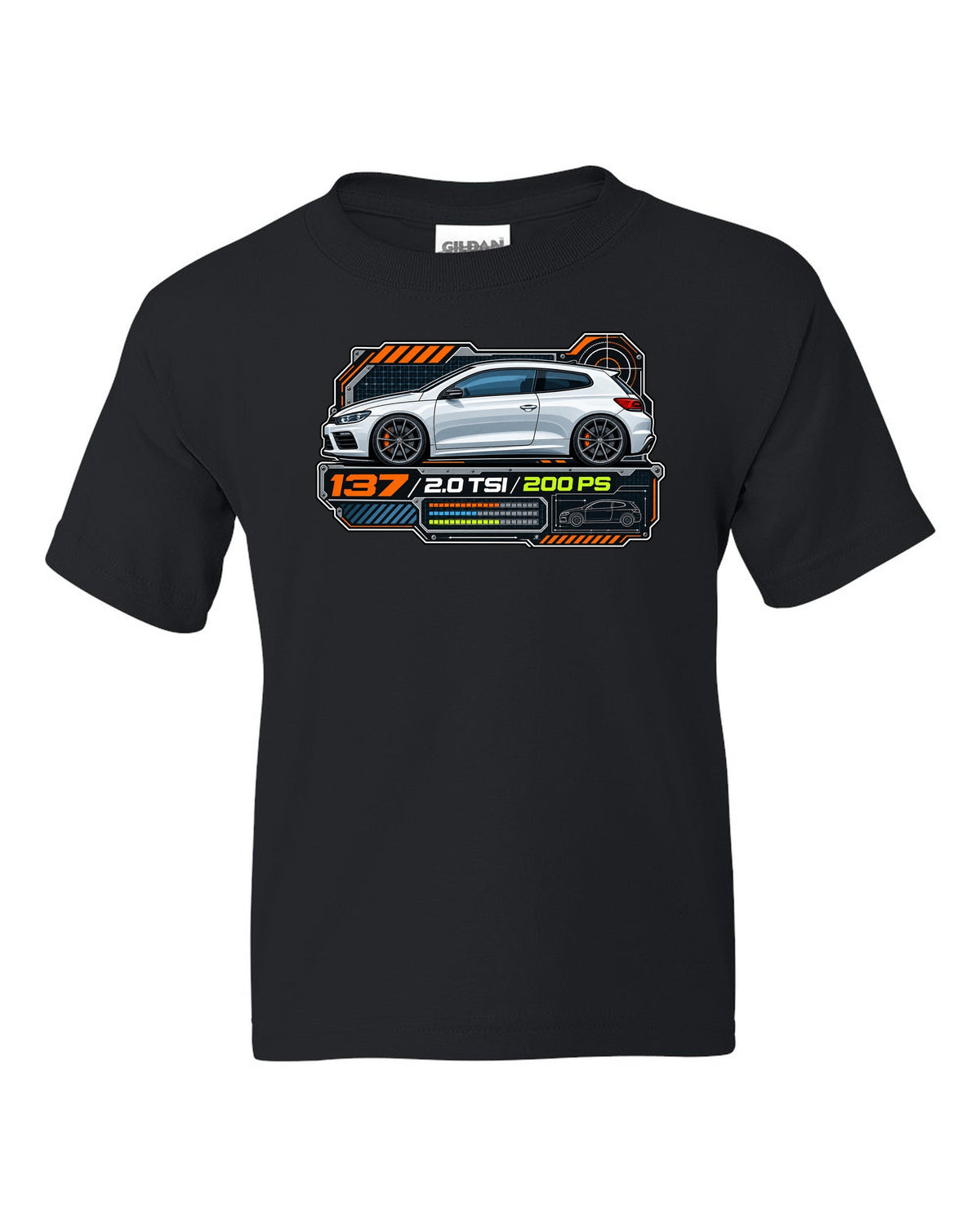 Spec-sheet data plate print of a VW Scirocco Mk3 with 137 2.0 TSI 200 PS text black kids tee front view with the design