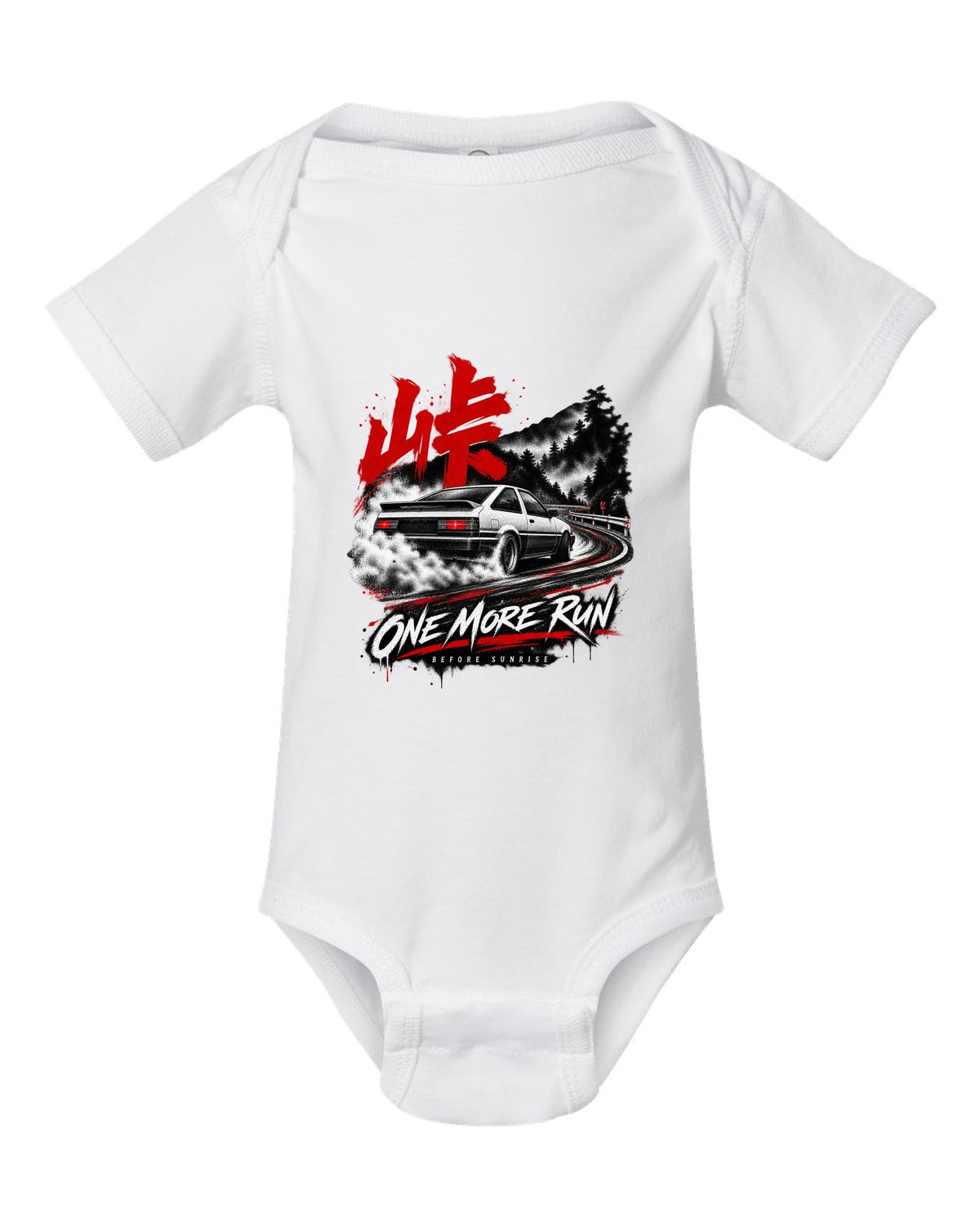 print of a Toyota AE86 Corolla Levin on a night touge road with kanji white baby onesie front view with the design