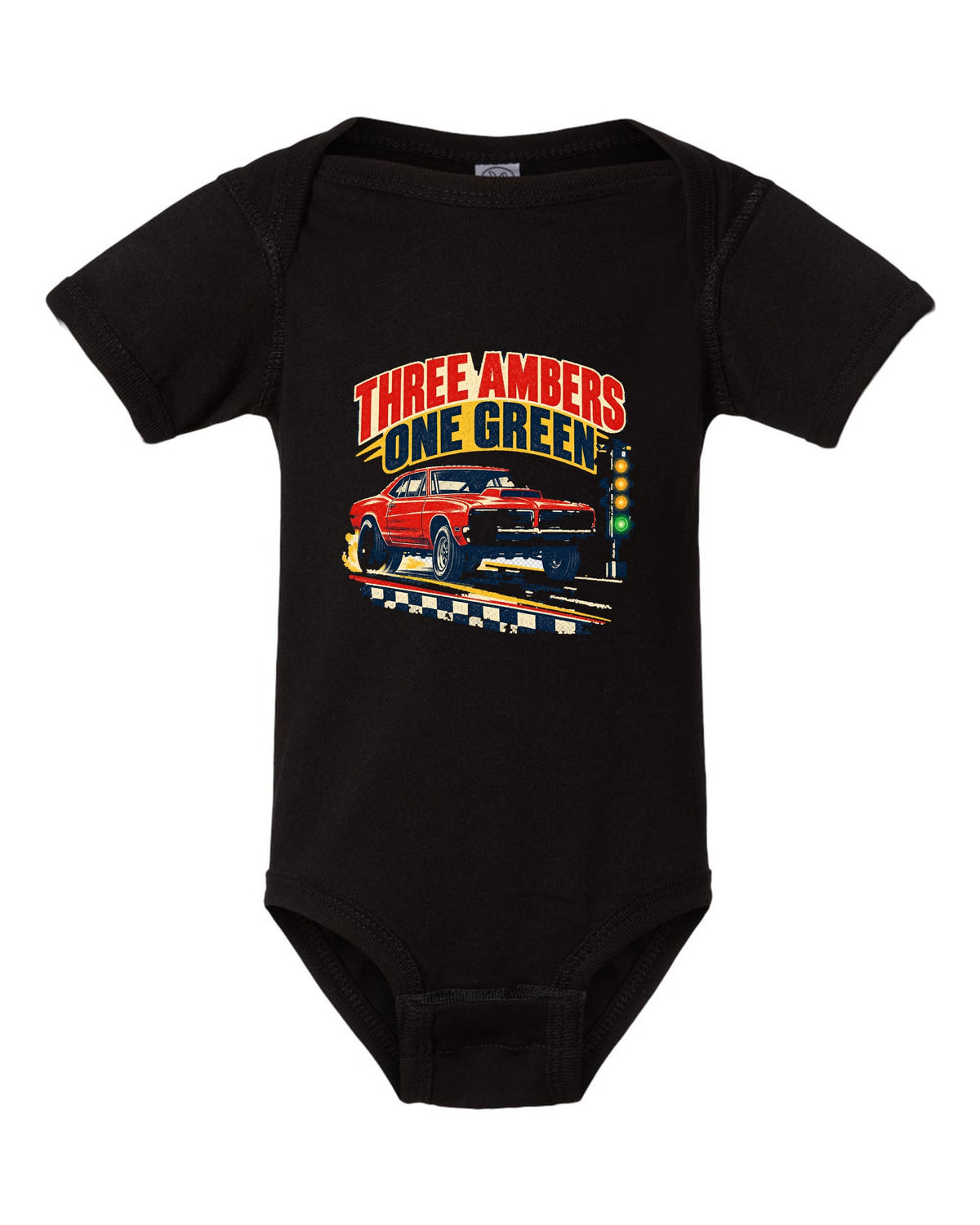 Vintage drag-race poster of a 1969 Plymouth Road Runner with the Christmas tree lights black baby onesie front view with the design