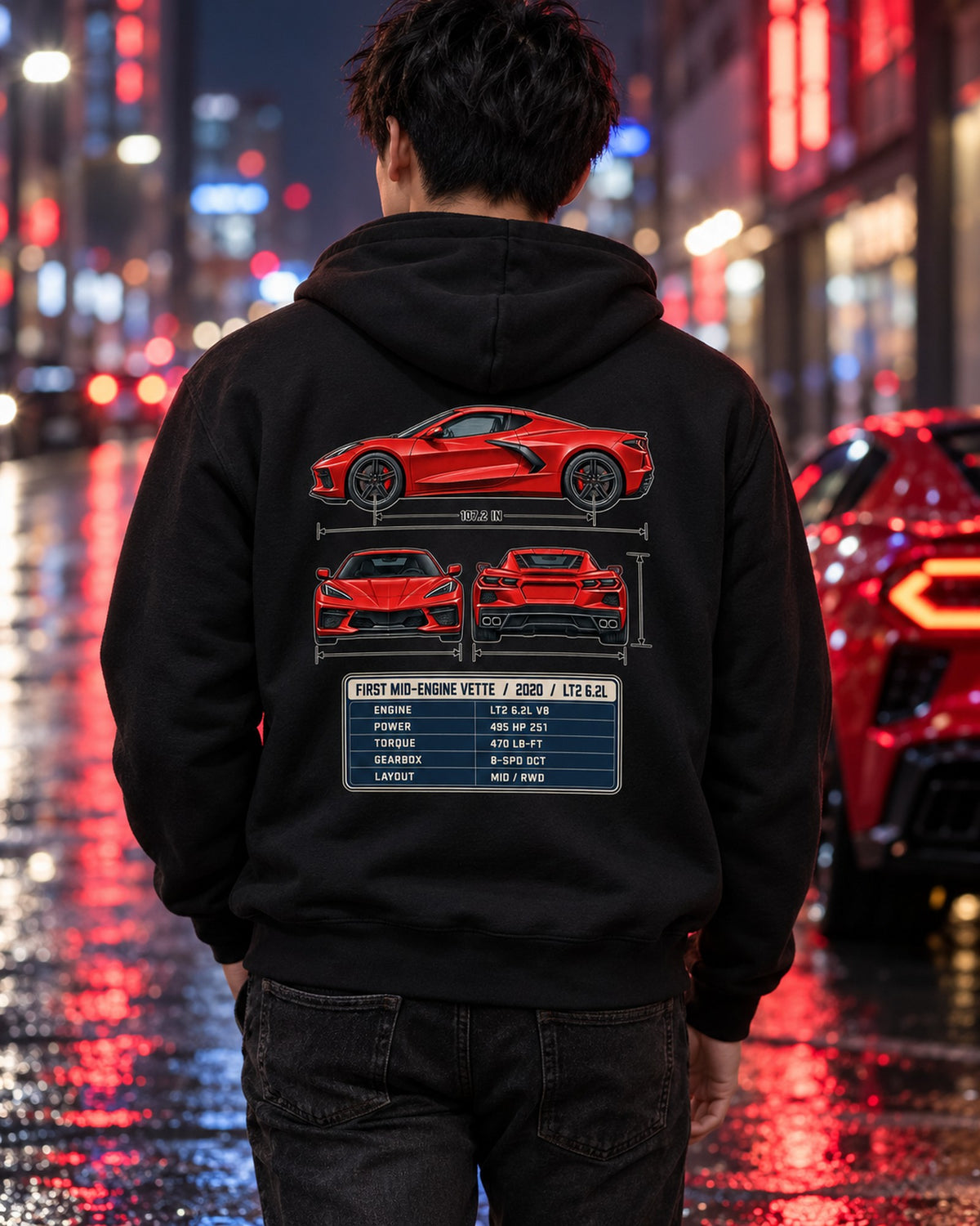 Chevrolet Corvette C8 Stingray Three-View Spec Table Tee Zip Hoodie Black worn hero
