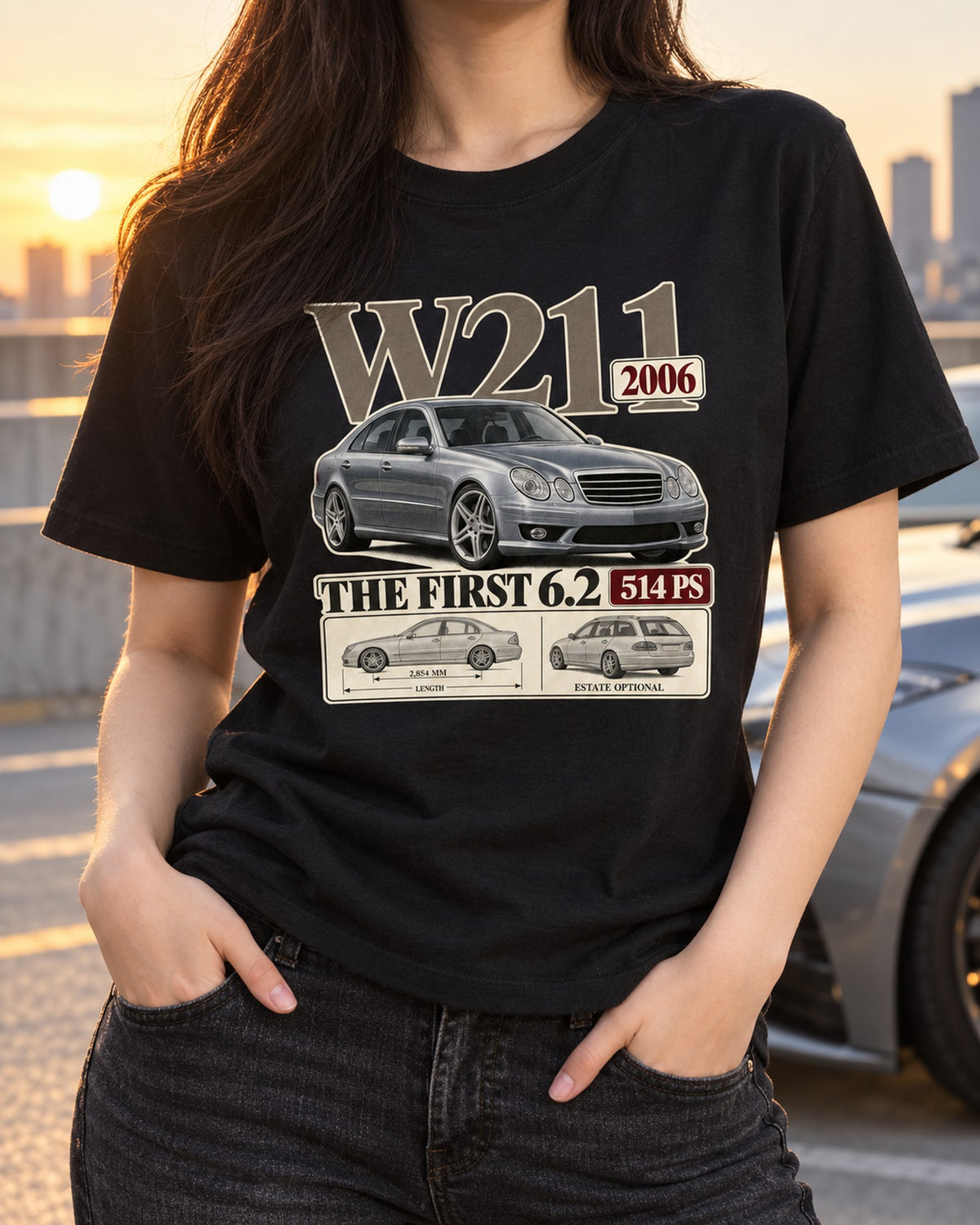 W211 Mercedes-AMG E63 Archive Panel Tee, First 6.2 Car Show Shirt T-Shirt Black worn hero