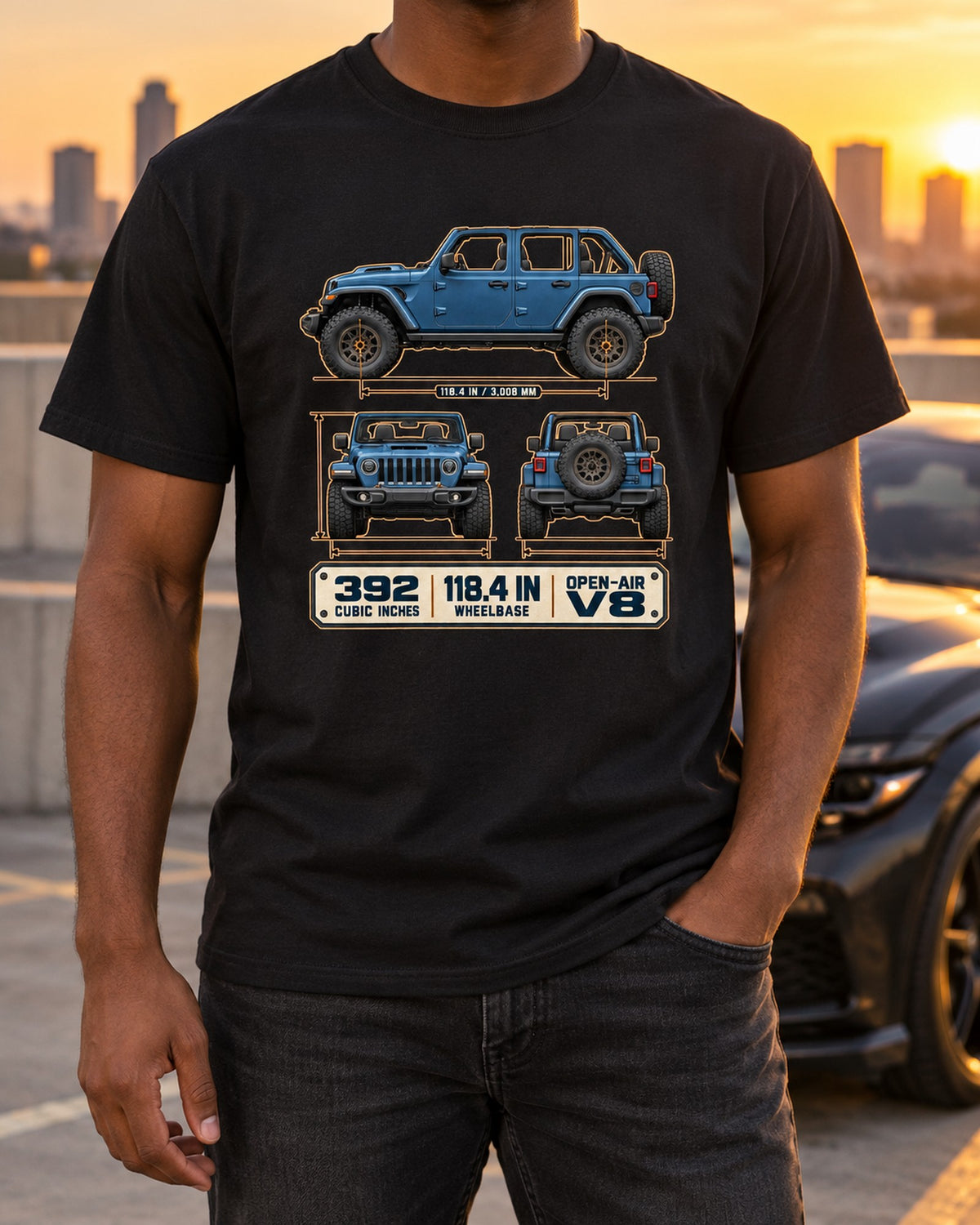 Jeep Wrangler Rubicon 392 JL Wheelbase Blueprint Tee, Jeep Gift T-Shirt Black worn hero