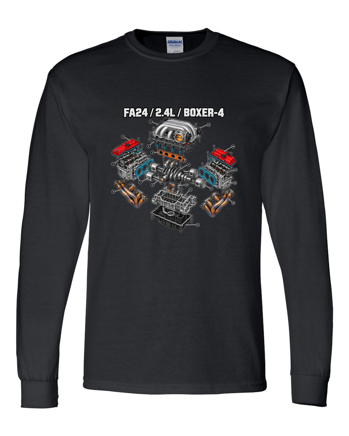 Cutaway exploded diagram of the FA24 2.4L boxer-four engine for a Toyota GR86 ZN8 black long sleeve front view with the design