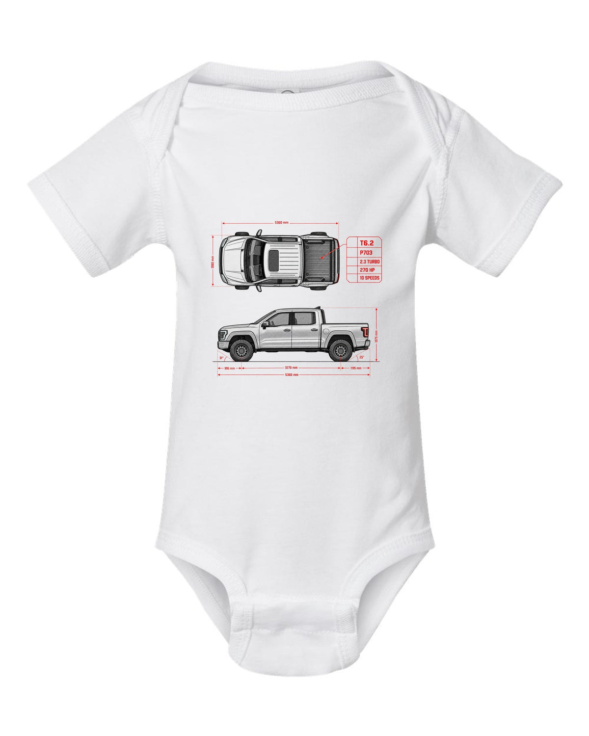 Ford Ranger T6.2 P703 spec poster print with 2.3 turbo, 270 HP and 10 speeds white baby onesie front view with the design