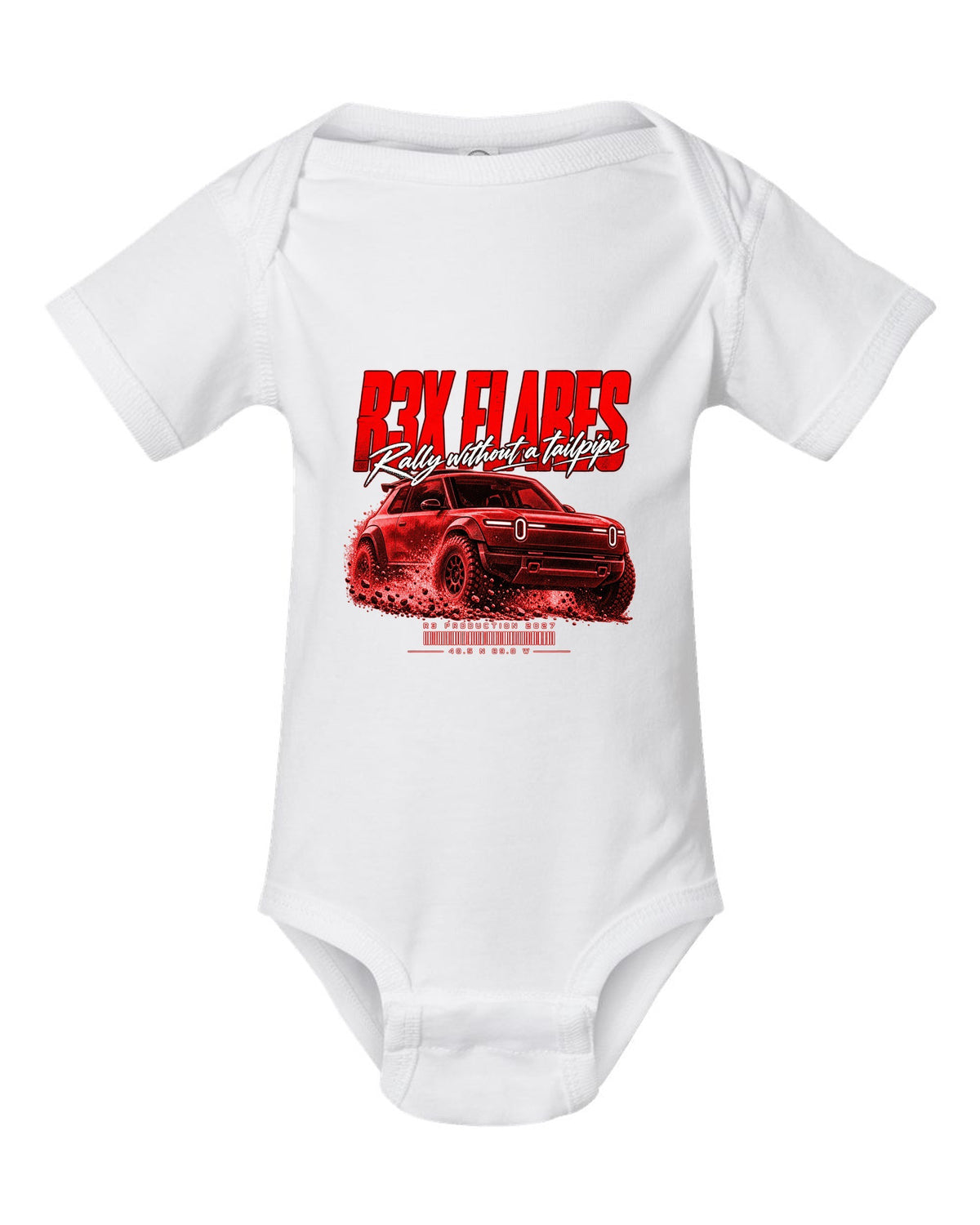 Rally street poster print of a 2027 Rivian R3X with flared arches white baby onesie front view with the design