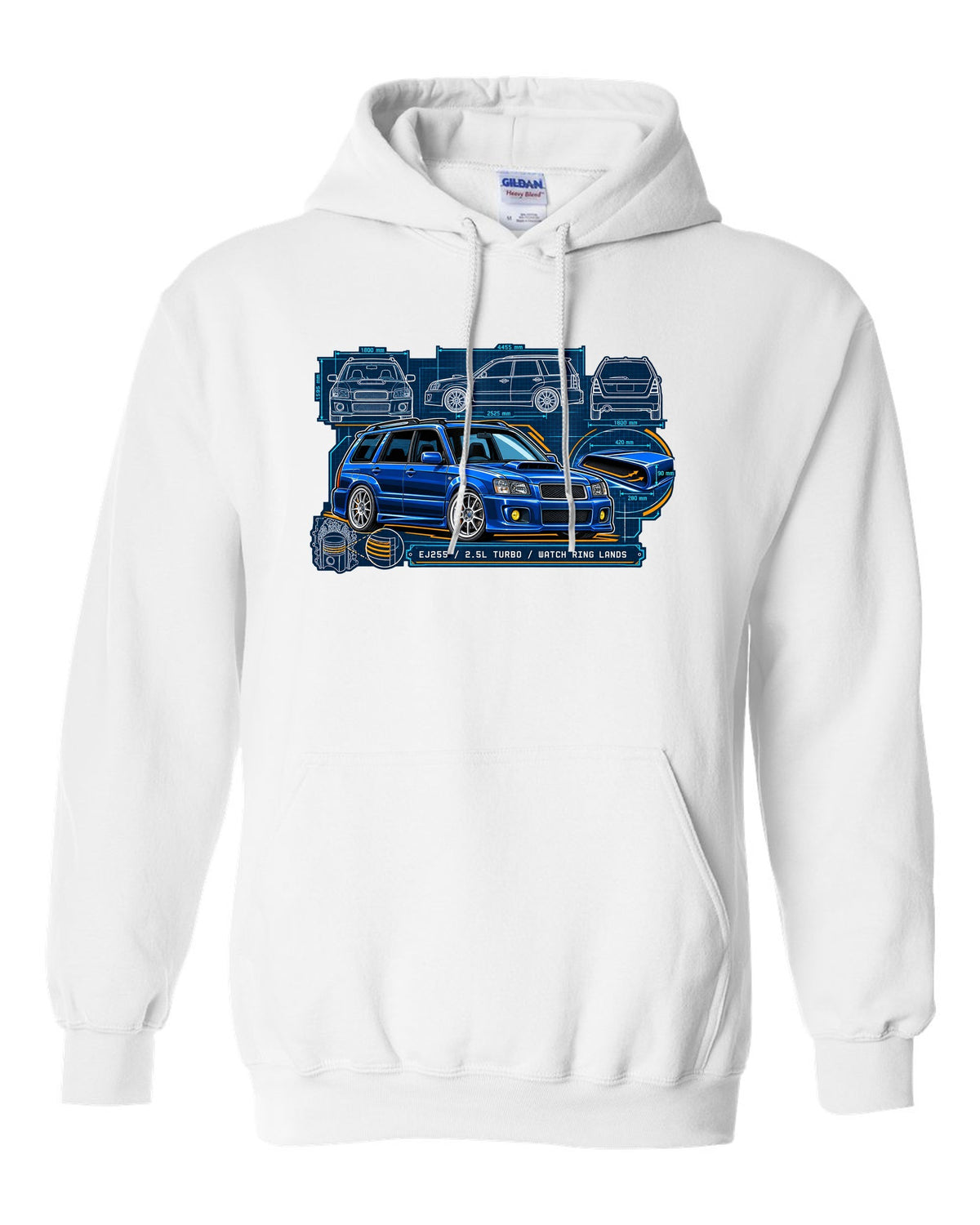 Technical blueprint of a Subaru Forester SG9 with hood scoop and EJ255 2.5L turbo text white pull over hoodie front view with the design