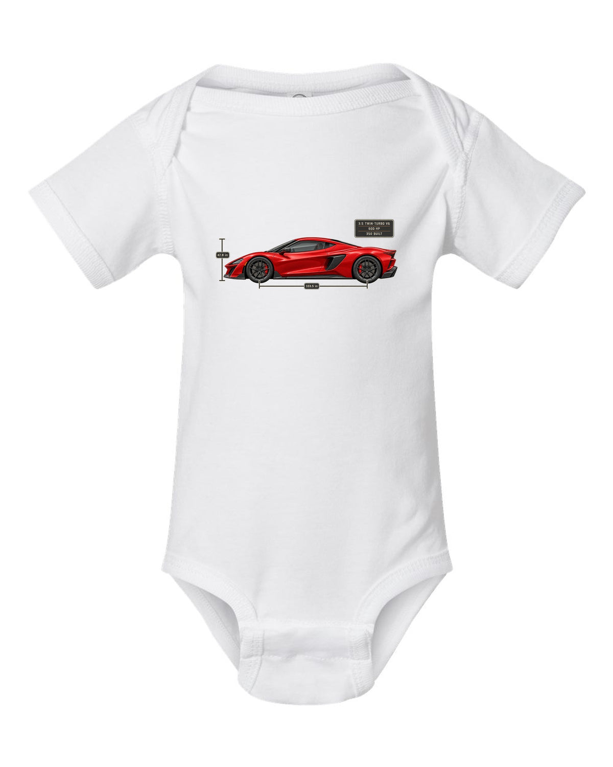 Acura NSX NC1 Type S Side Dimension Blueprint Tee, Car Gift white baby onesie front view with the design