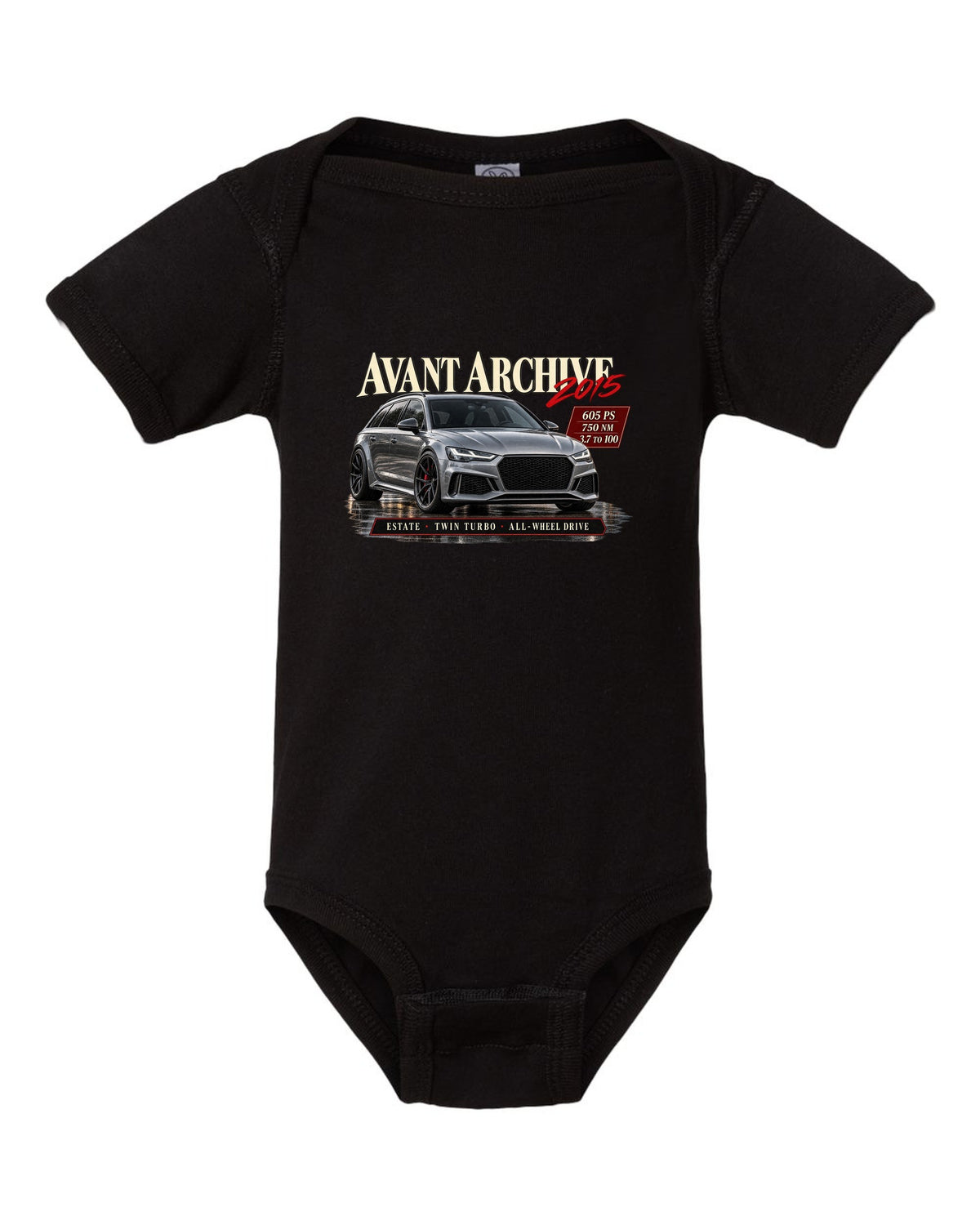Audi RS6 Avant C7 Performance front three-quarter in an archive panel with 605 PS spec text black baby onesie front view with the design