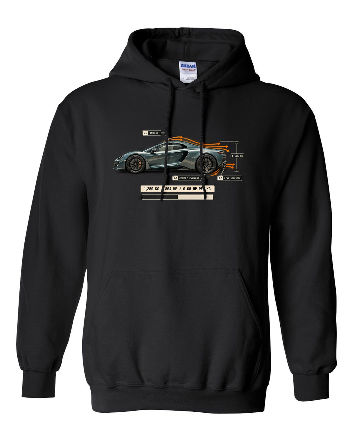 Airflow callout print of the Pagani Utopia with the text 1,280 kg, 864 hp, 0.68 hp per kg black pull over hoodie front view with the design