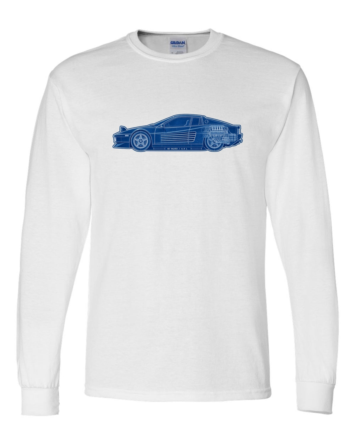Cyanotype blueprint style print of the Ferrari Testarossa F110 with the text 48 valves, 4.9 L white long sleeve front view with the design
