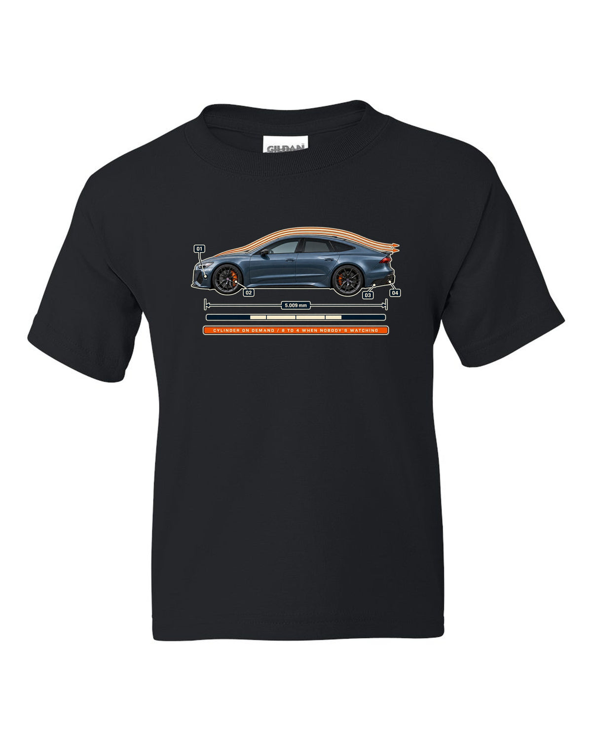 Aero callout print of an Audi RS7 Sportback C8 with cylinder on demand caption black kids tee front view with the design