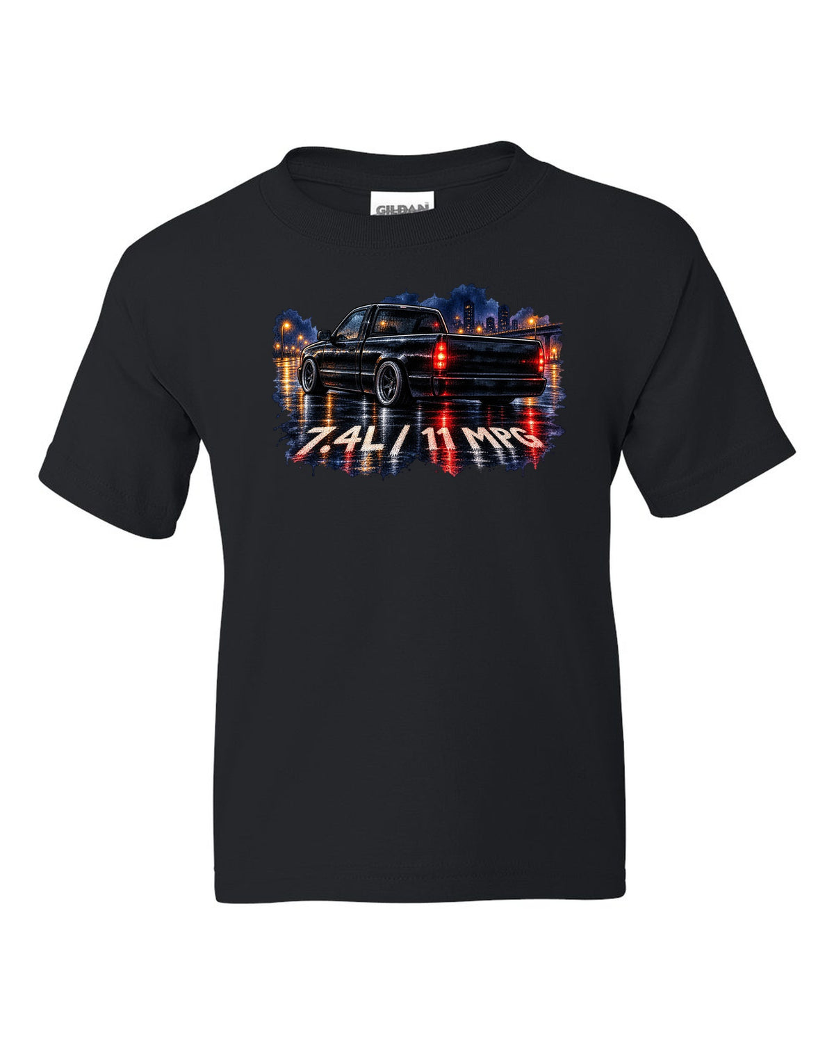 80s airbrush chrome print of a 1990-93 Chevrolet 454 SS pickup with 7.4L and 11 MPG text black kids tee front view with the design