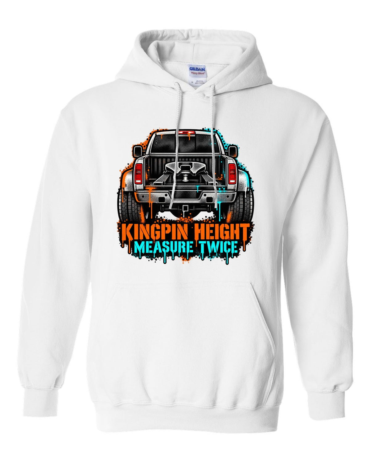Stencil spray-art print of a 2010-2018 Ram 3500 6.7 Cummins rear with fifth wheel and kingpin height text white pull over hoodie front view with the design