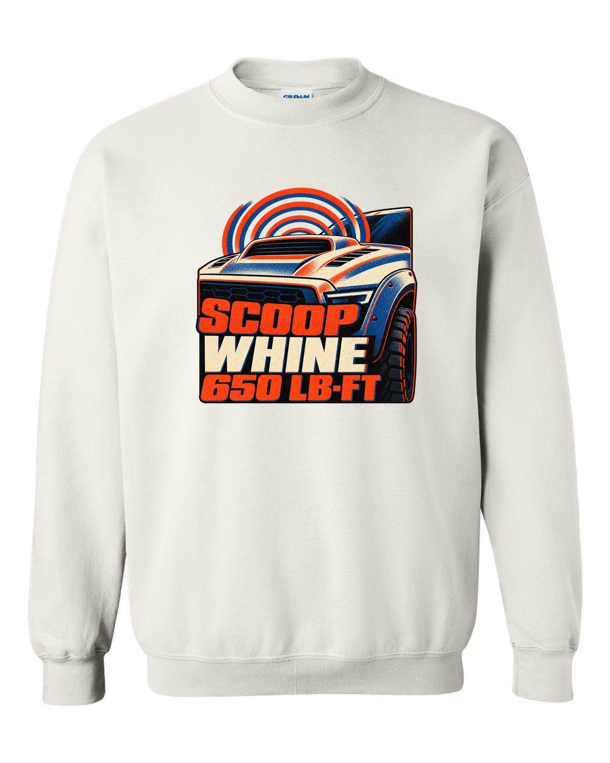 Risograph print of a 2021-2024 Ram 1500 TRX with scoop whine 650 lb-ft text white crewneck front view with the design