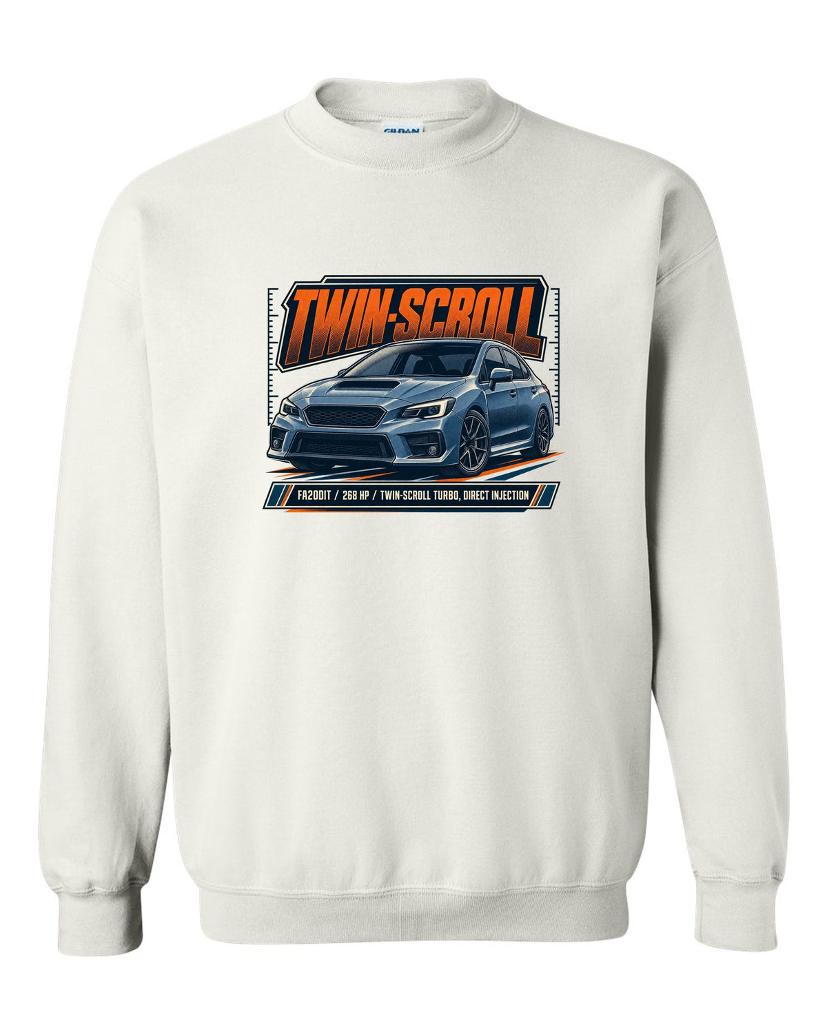 Subaru WRX VA sedan front three-quarter halftone design white crewneck front view with the design