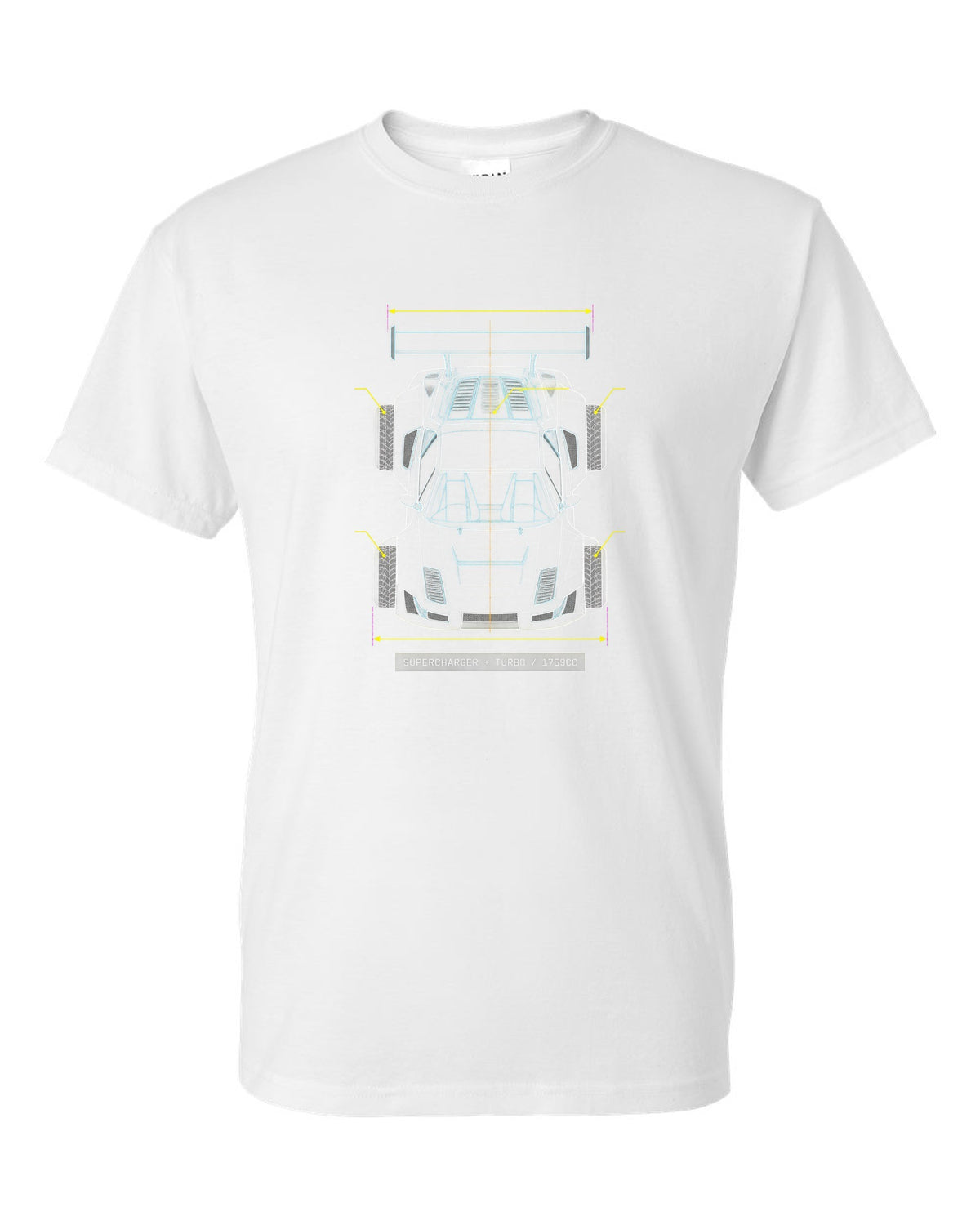 Overhead blueprint line drawing of a Lancia Delta S4 with supercharger and turbo caption white t-shirt front view with the design