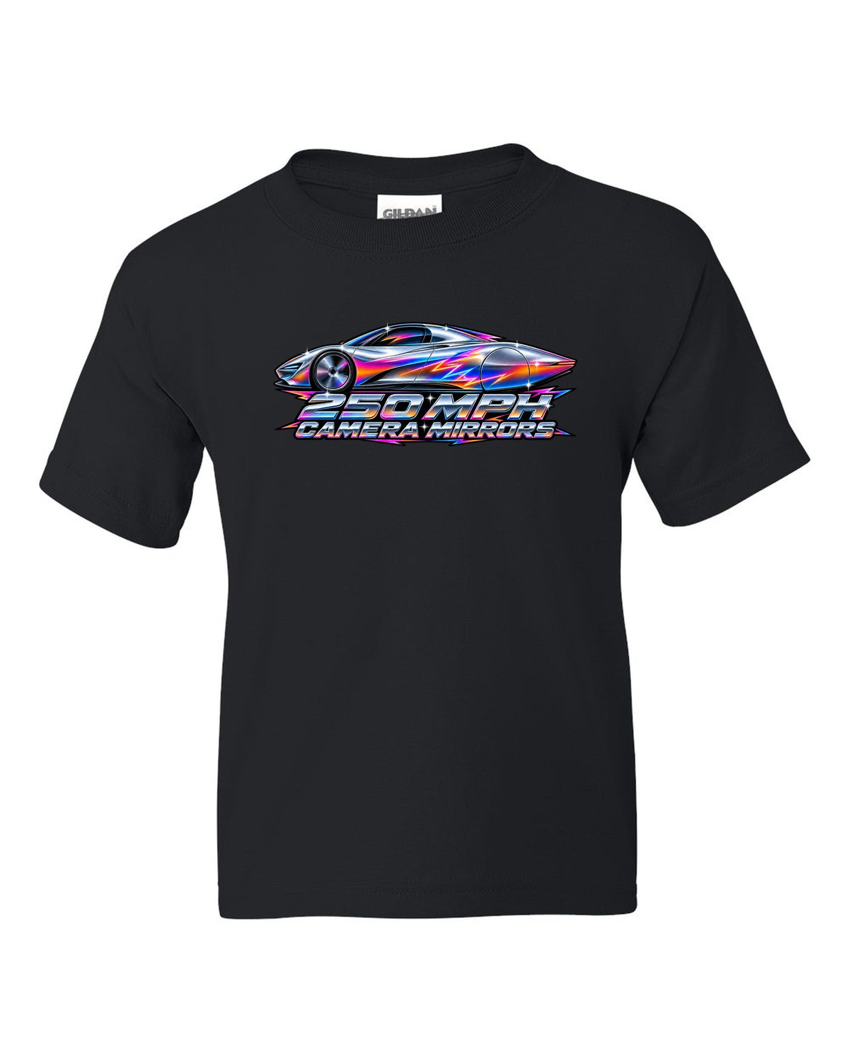 McLaren Speedtail in 80s airbrush chrome style with 250 MPH and camera mirrors lettering black kids tee front view with the design