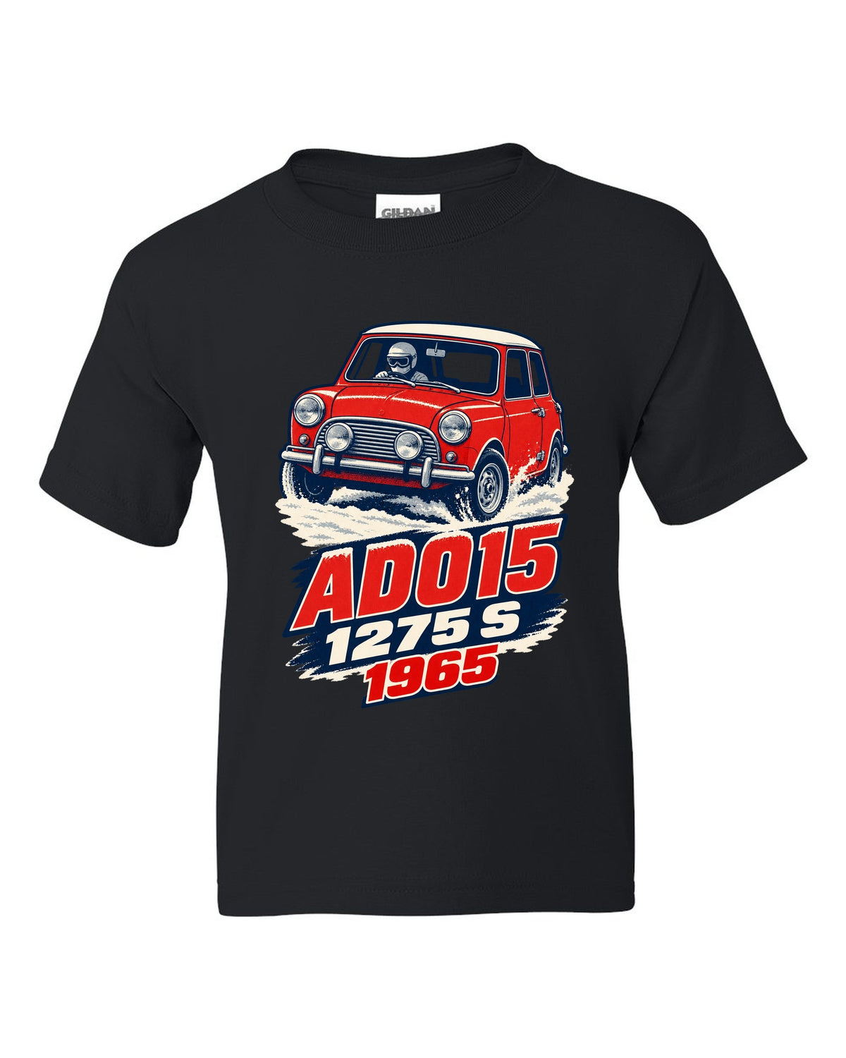1965 Mini Cooper S ADO15 rally car in a 1960s litho poster style black kids tee front view with the design