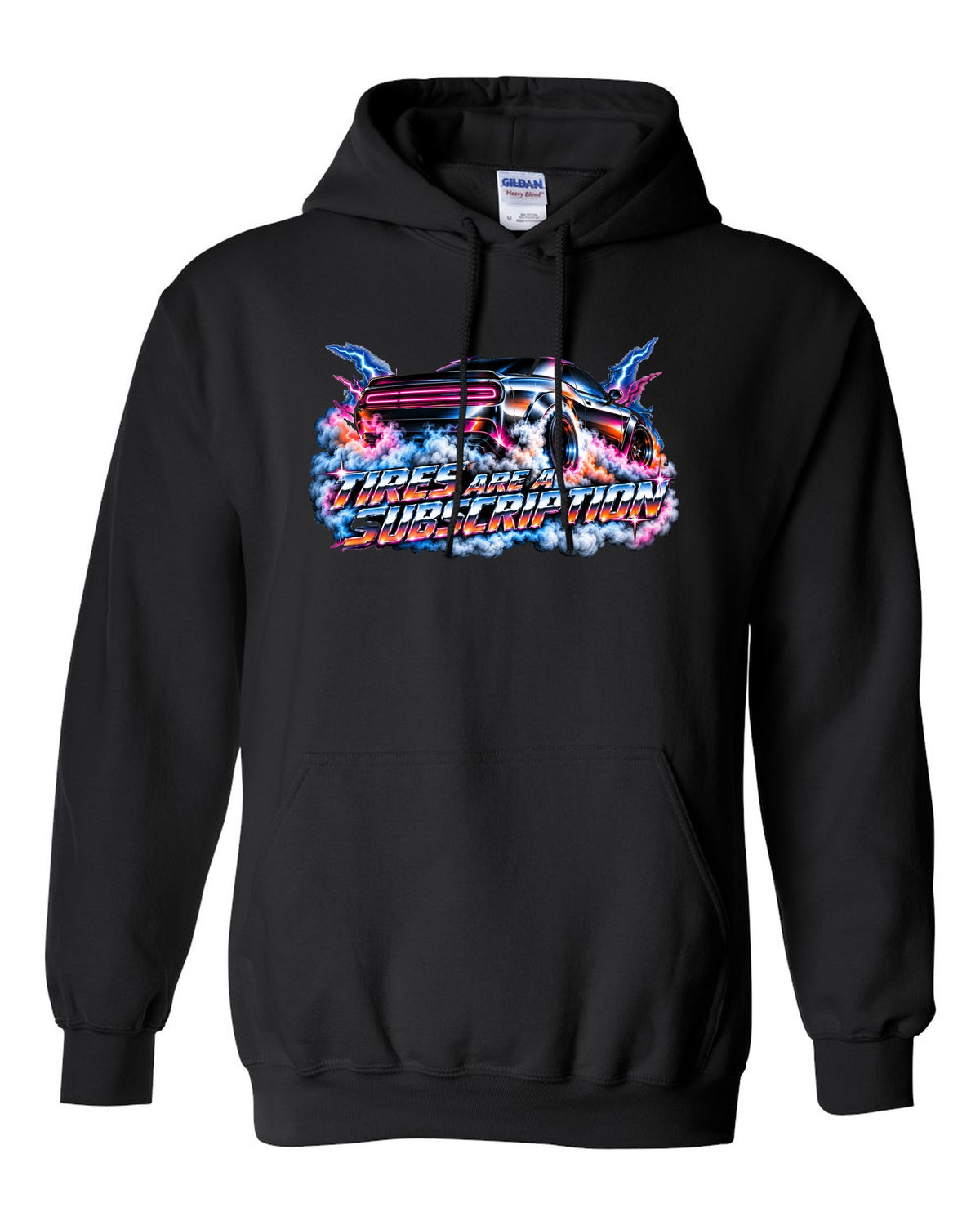 80s airbrush chrome illustration of a 2020 Dodge Challenger Scat Pack 392 Widebody doing a burnout black pull over hoodie front view with the design