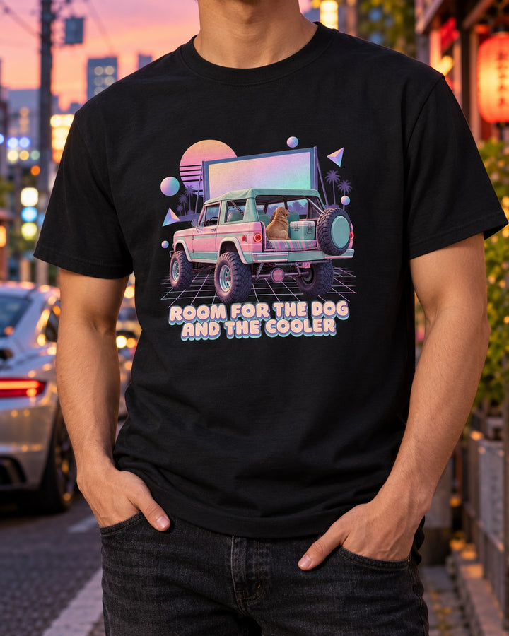 Wrangler LJ Unlimited Drive-In Vaporwave Tee, Dog and Cooler T-Shirt Black worn hero
