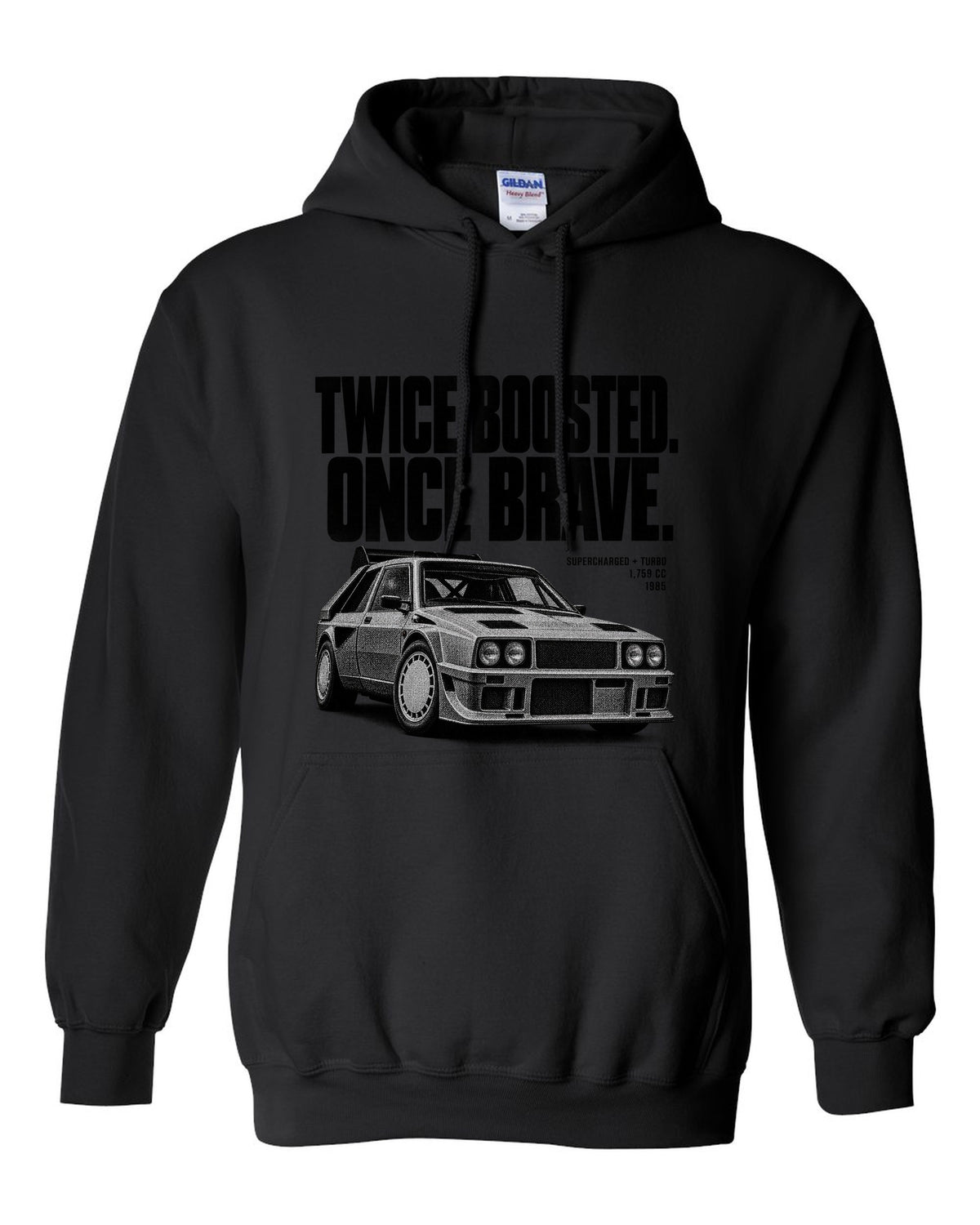 Halftone print of a Lancia Delta S4 with supercharged and turbo lettering black pull over hoodie front view with the design