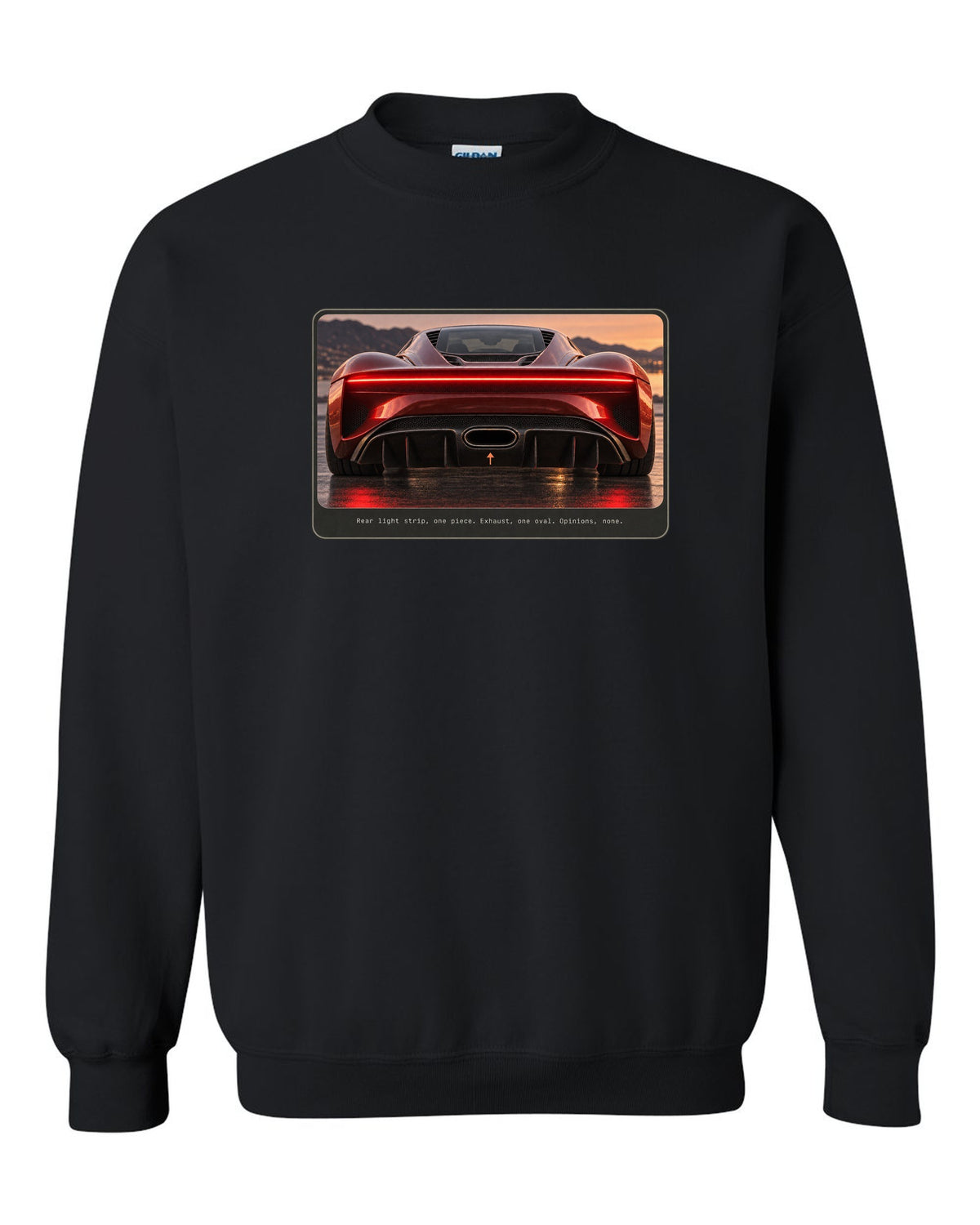 Bugatti Chiron rear light strip and oval exhaust macro print black crewneck front view with the design