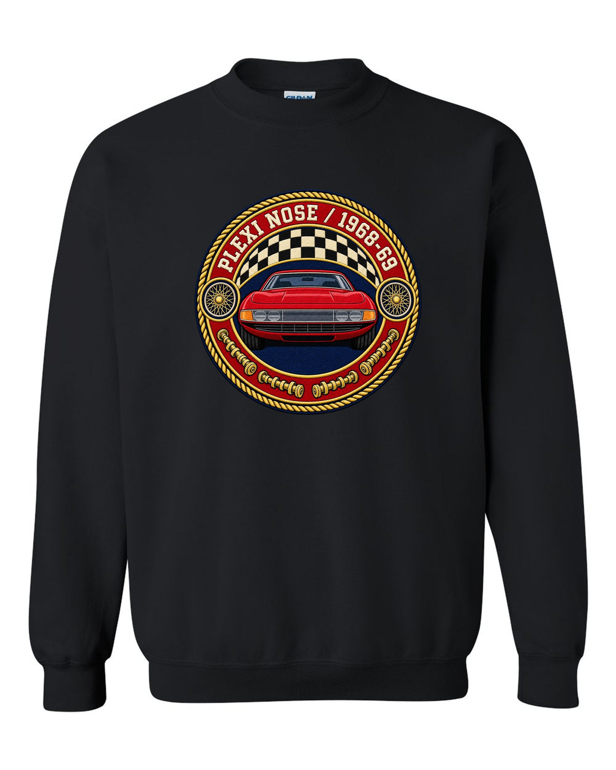 Round crest print for the Ferrari 365 GTB/4 Daytona with Plexi Nose and 1968-69 lettering black crewneck front view with the design