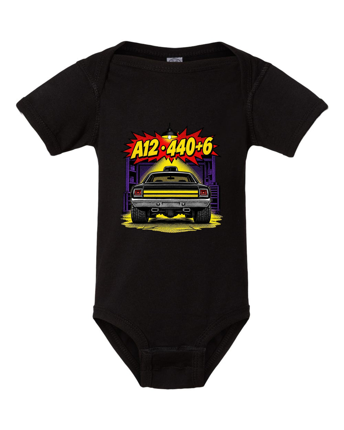 1969 Dodge Coronet Super Bee A12 comic halftone pop-art print with A12 440+6 text black baby onesie front view with the design
