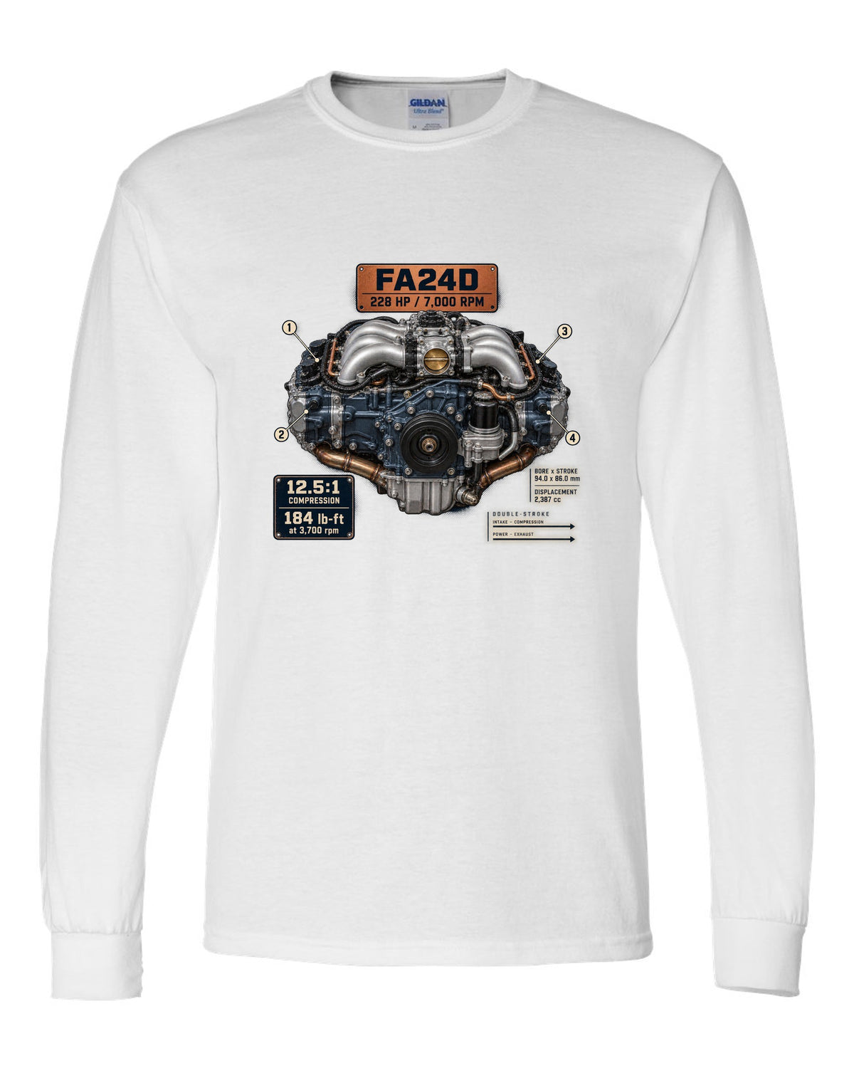 Poster-style engine print of the FA24D flat-four from the Subaru BRZ ZD8 and Toyota GR86 ZN8 white long sleeve front view with the design