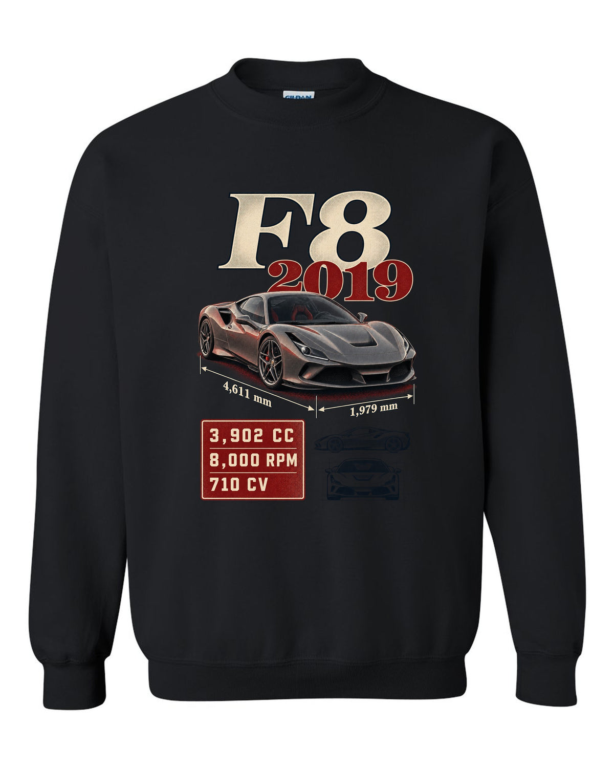 Ferrari F8 Tributo archive panel print listing 3,902 cc, 8,000 rpm, 710 CV black crewneck front view with the design