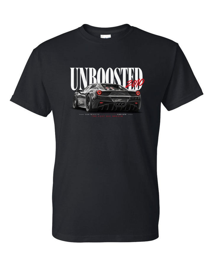 Editorial headline print of a Ferrari 458 Italia rear three-quarter with the text Unboosted 2010, The Last Big Breath black t-shirt front view with the design