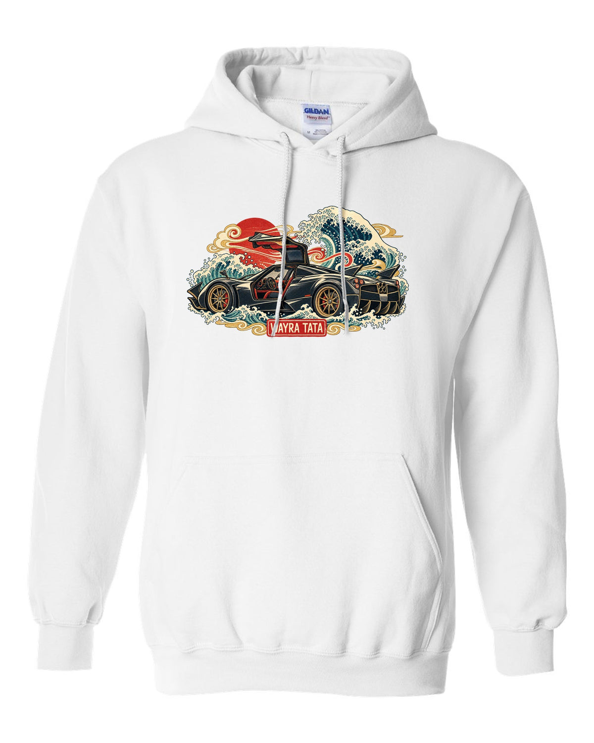 Ukiyo-e woodblock style print of a Pagani Huayra with Wayra Tata lettering white pull over hoodie front view with the design