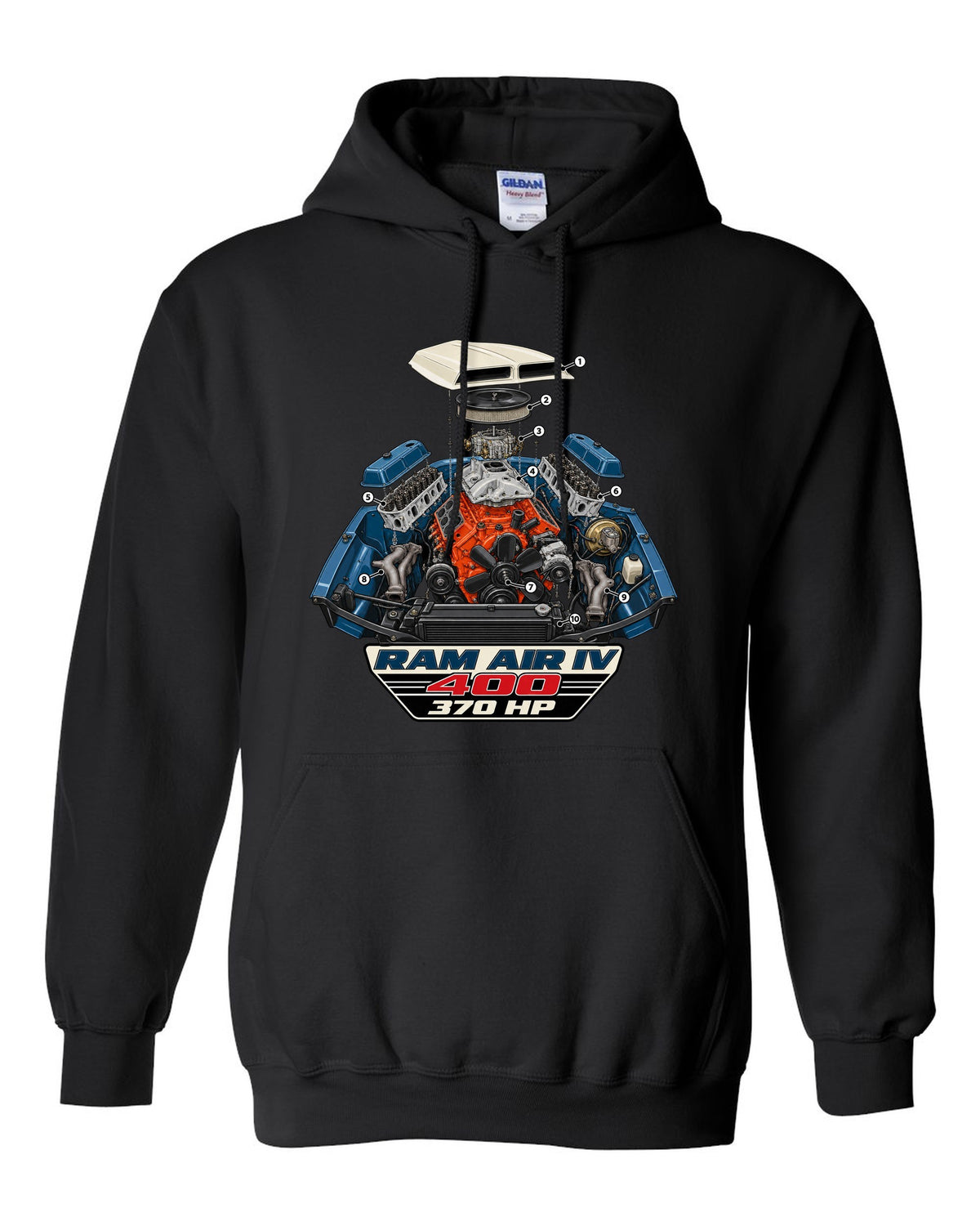 1969 Pontiac GTO Ram Air IV exploded engine bay diagram with 400 and 370 HP text black pull over hoodie front view with the design
