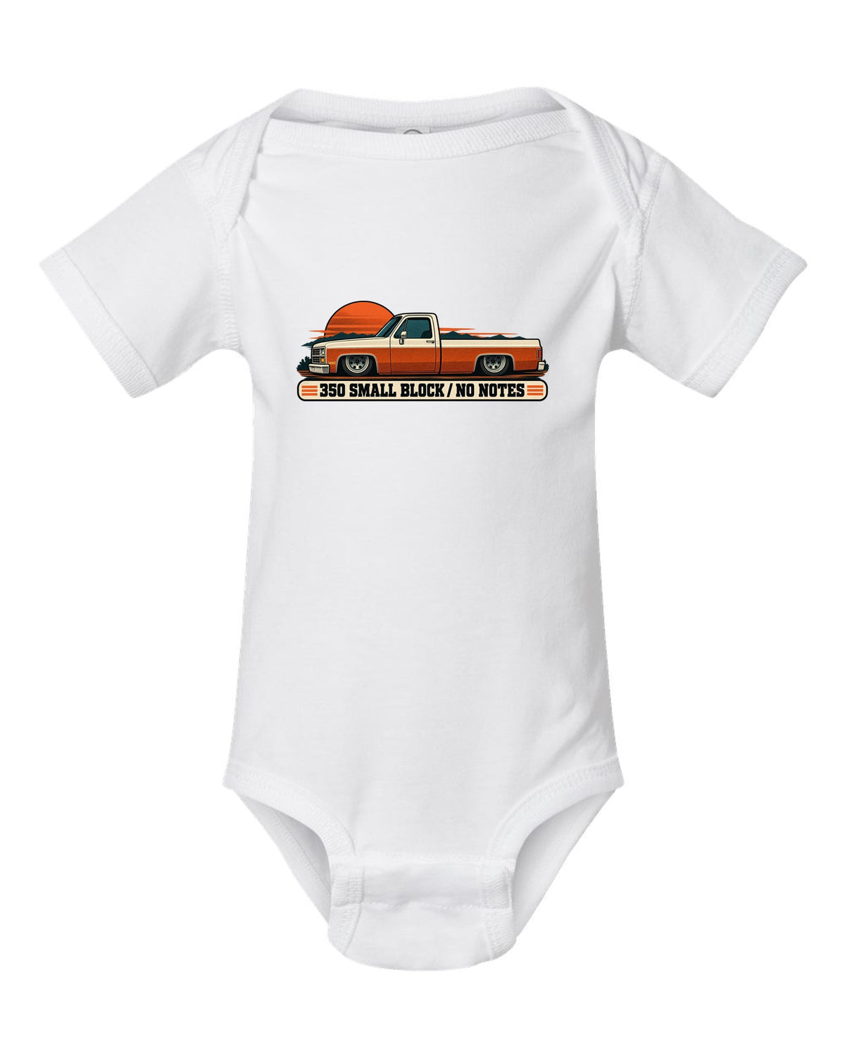 Retro two-colour halftone print of a dropped Chevrolet C10 Squarebody at dusk with 350 small block text white baby onesie front view with the design