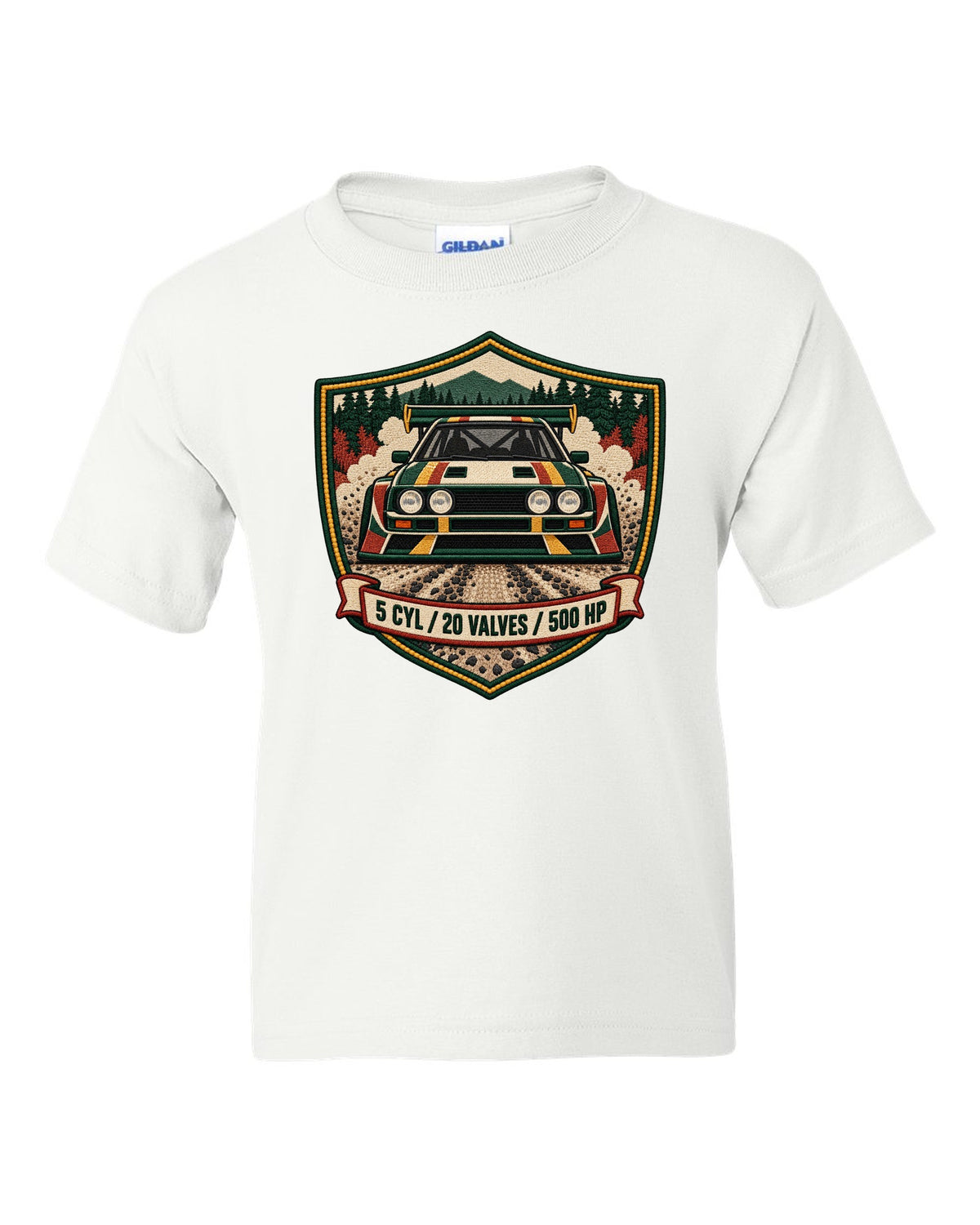 Varsity crest style print of the Audi Sport Quattro S1 E2 with 5 cyl, 20 valves, 500 hp white kids tee front view with the design