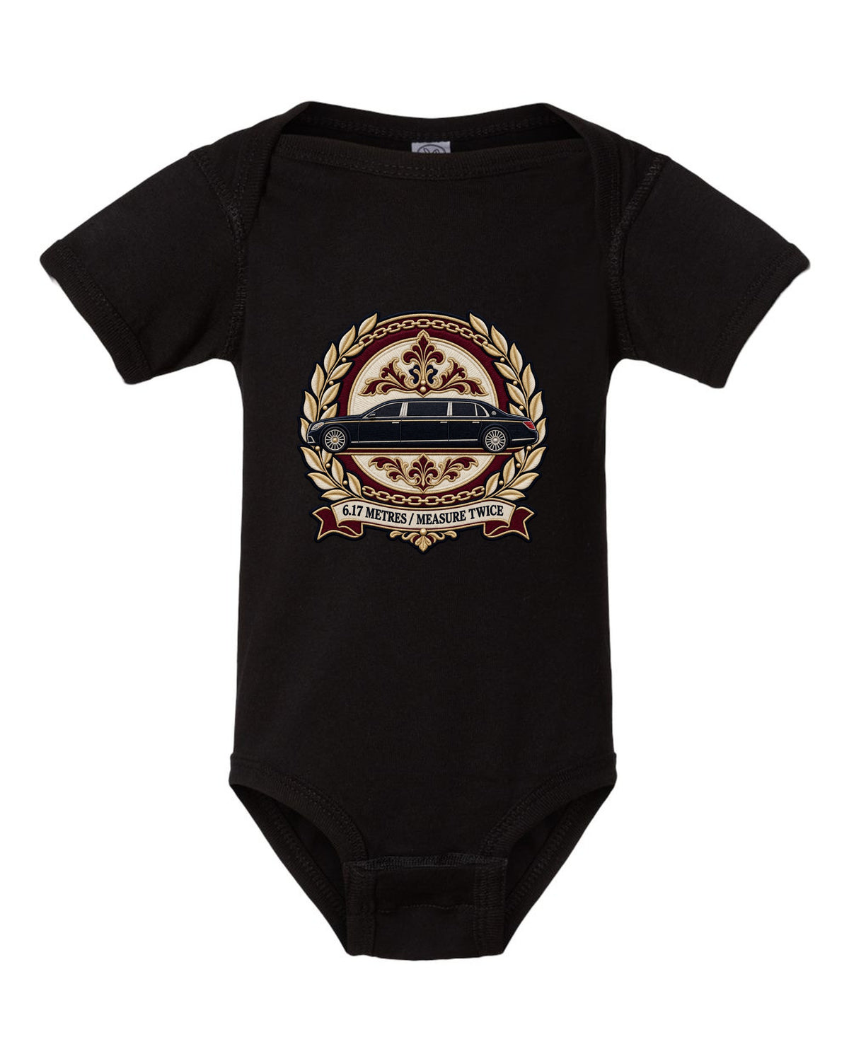 Embroidery style round crest of a Maybach 62 W240 opera window with 6.17 Metres Measure Twice text black baby onesie front view with the design