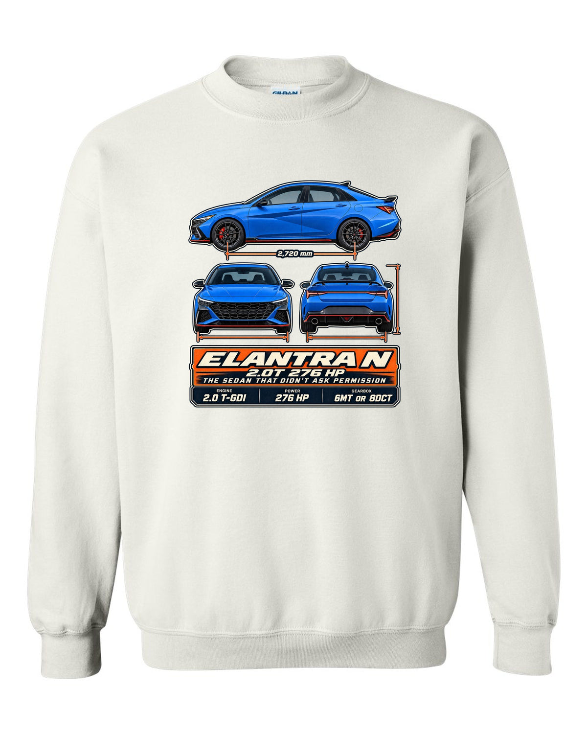 Hyundai Elantra N CN7 three-view drawing with spec table, print white crewneck front view with the design