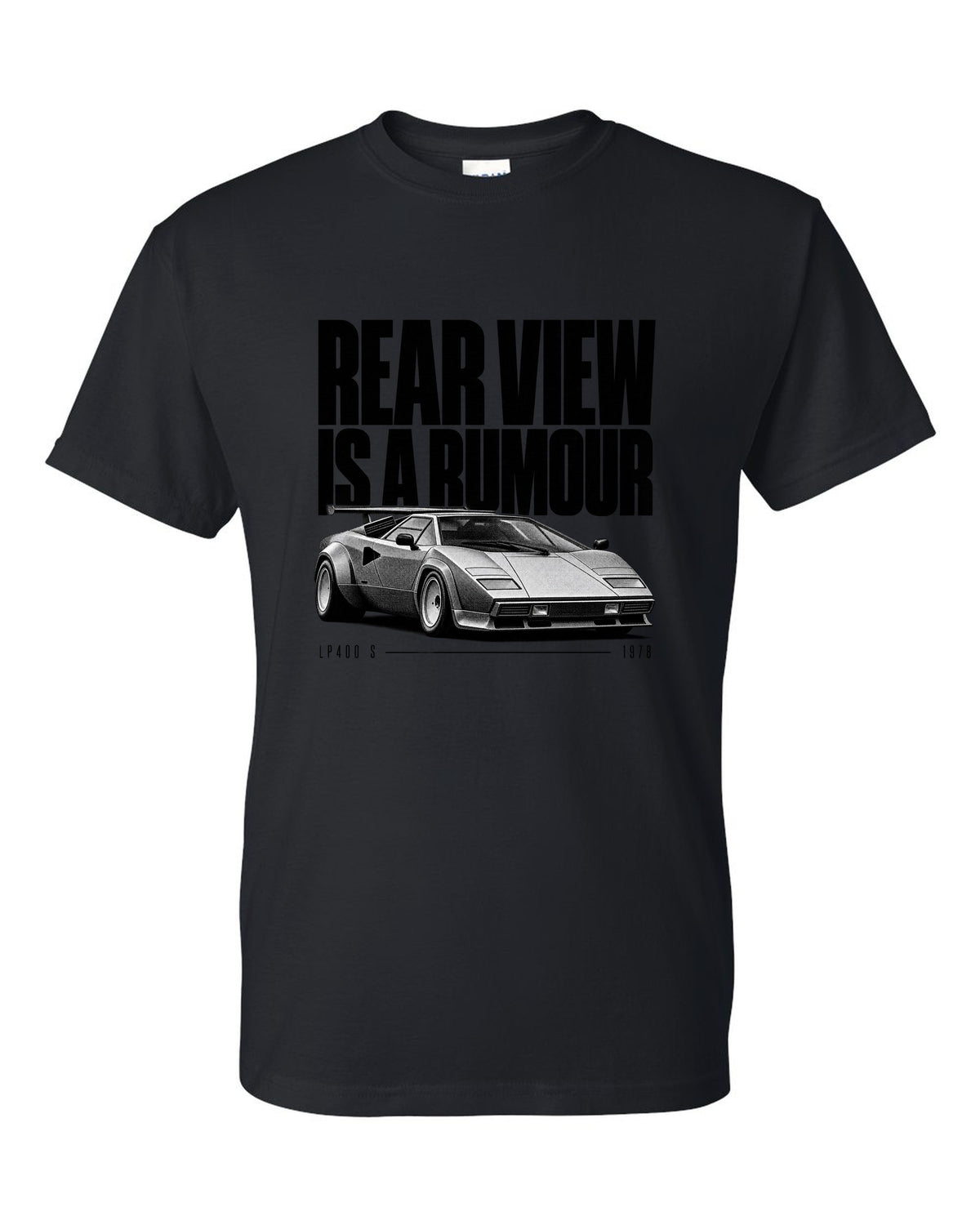 Halftone print of a Lamborghini Countach LP400 S with rear wing and rear view is a rumour text black t-shirt front view with the design