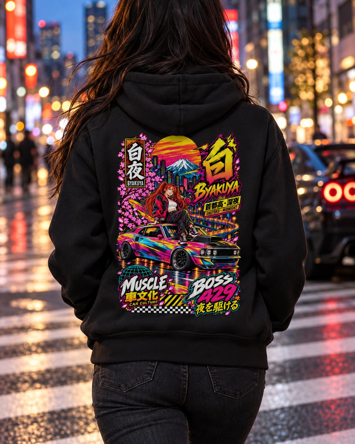 BYAKUYA BOSS 429 Anime Girl Full-Back Graphic Tee Zip Hoodie Black worn hero